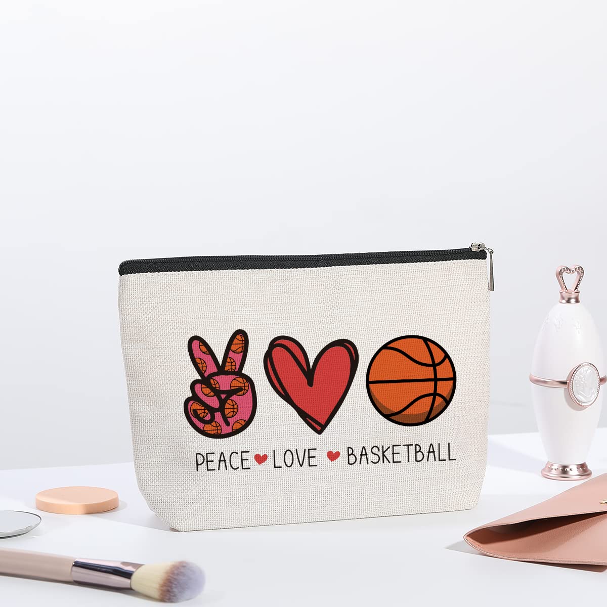 Basketball Gifts for Women - Coach Birthday & Christmas Presents for Basketball Fans, Players & Team - Peace Love Basketball Makeup Bag - Perfect for Sports Enthusiasts, Basketball Moms & Game Day Essentials