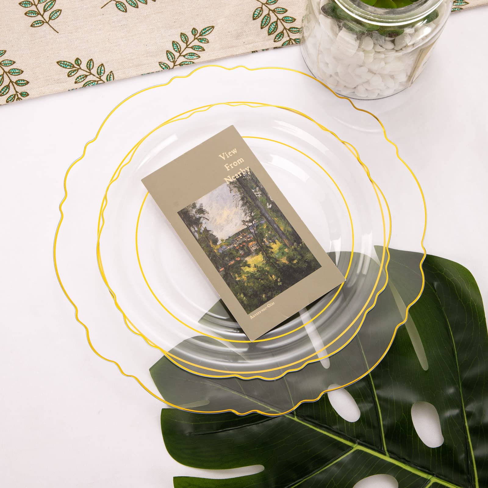 100-Pack Elegant Clear Plastic Plates with Gold Trim - Baroque Style Disposable Dinnerware Set for Weddings, Parties & Events (50x 10.25