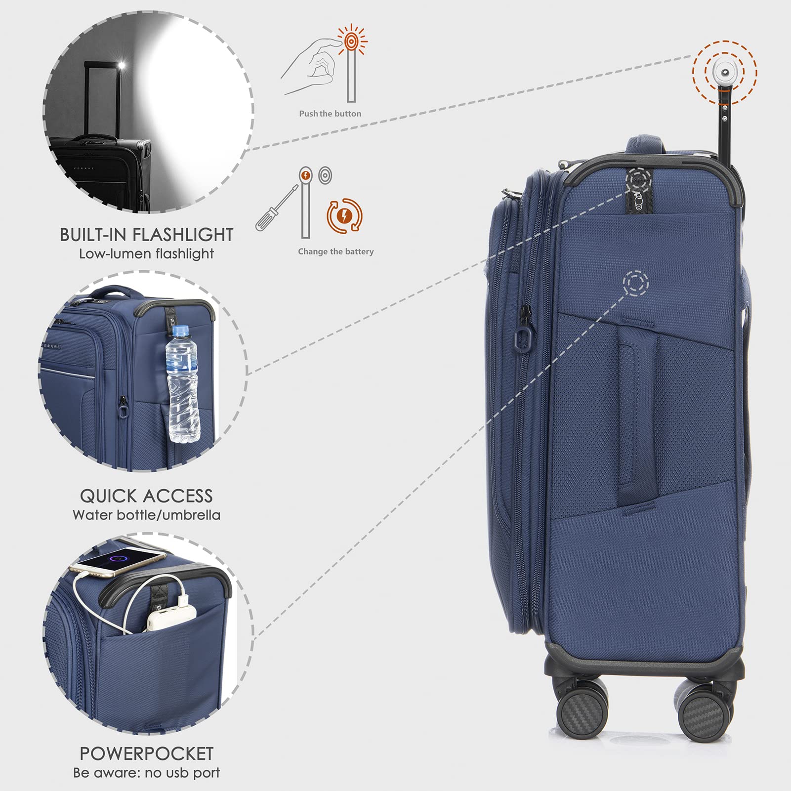 Vercase Toledo Expandable 20-Inch Carry On Luggage with 360° Spinner Wheels - Lightweight Softside Suitcase for Travel, Business & Weekend Trips (Navy Blue)