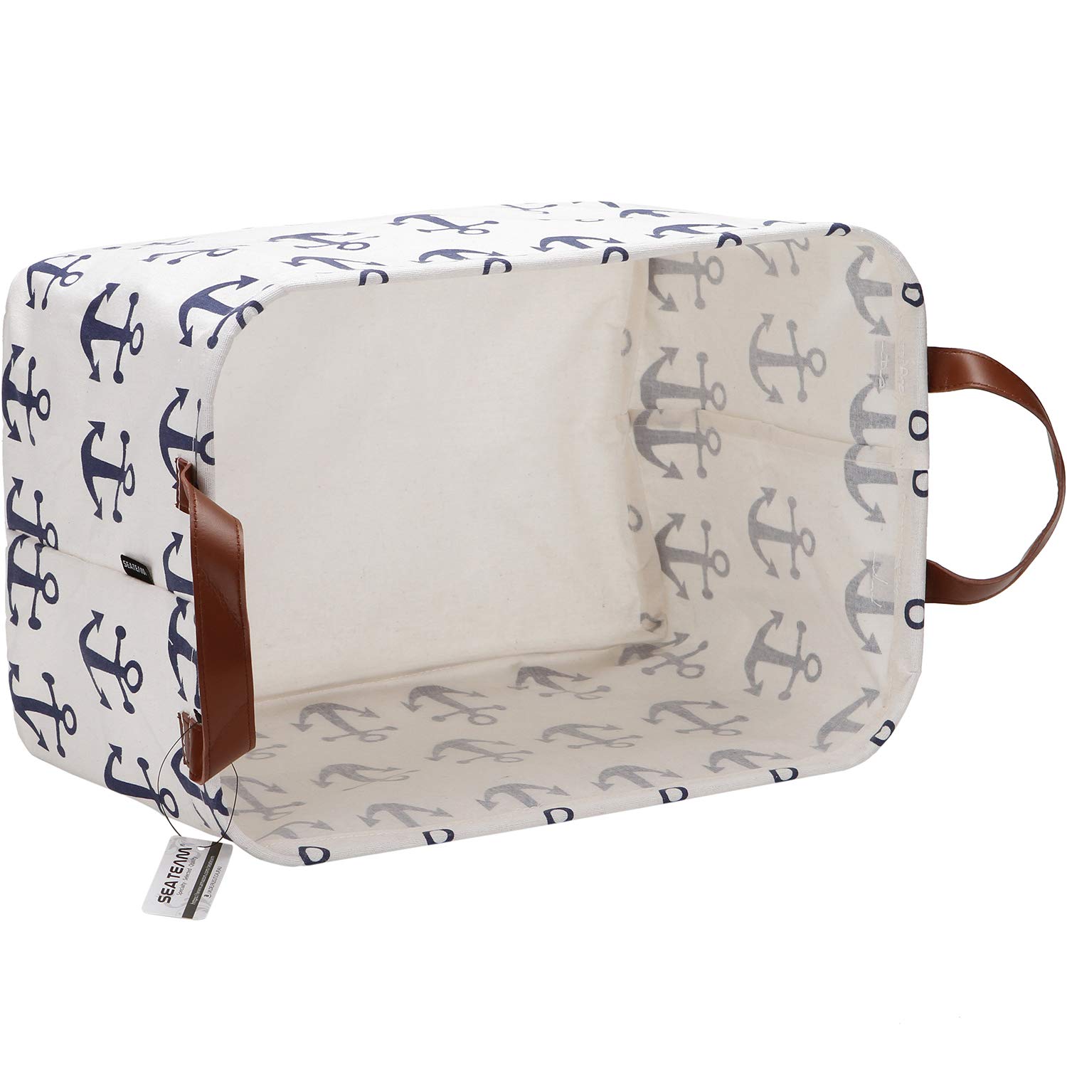 Sea Team Large Collapsible Canvas Storage Bin - 16.5 x 11.8 Inch Nautical Anchor Pattern Shelf Basket - Navy Blue Toy Organizer for Kids Room, Nursery, or Playroom Storage