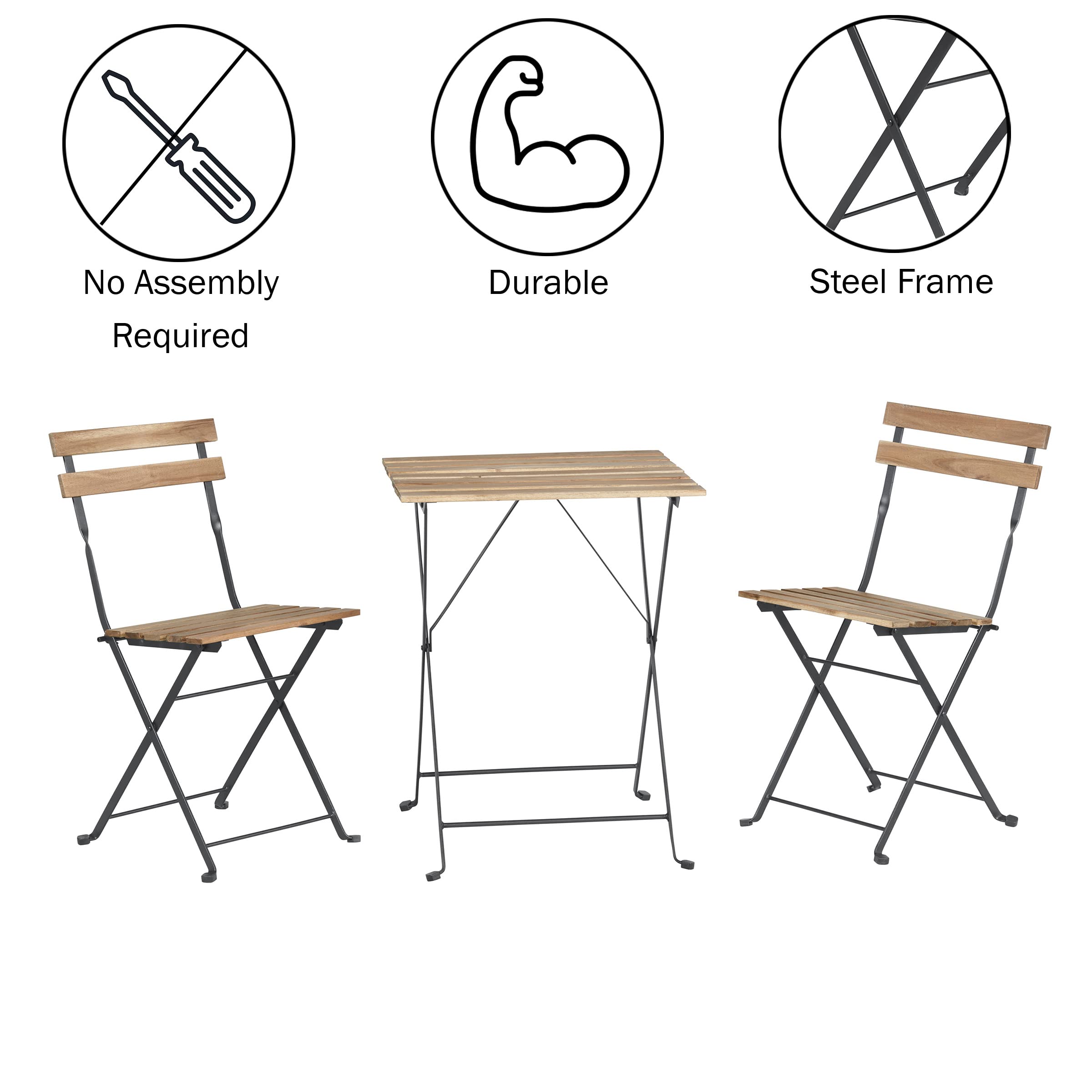 Premium 3-Piece Acacia Wood & Steel Folding Bistro Set - Outdoor Patio Furniture for Porch, Deck, Garden, Balcony & Small Space Dining - Weather-Resistant Café Table & Chairs by Lavish Home (Brown) - Perfect for Morning Coffee, Outdoor Entertaining & Compact Living Areas
