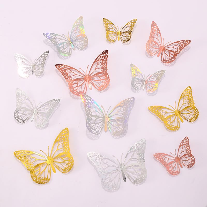 3D Butterfly Wall Decor - 48 Pcs in 4 Styles, 4 Colors & 3 Sizes (Gold, Silver, Laser Rose) - Removable Stickers for Birthday Parties, Baby Showers, Wedding Decorations & Cake Toppers