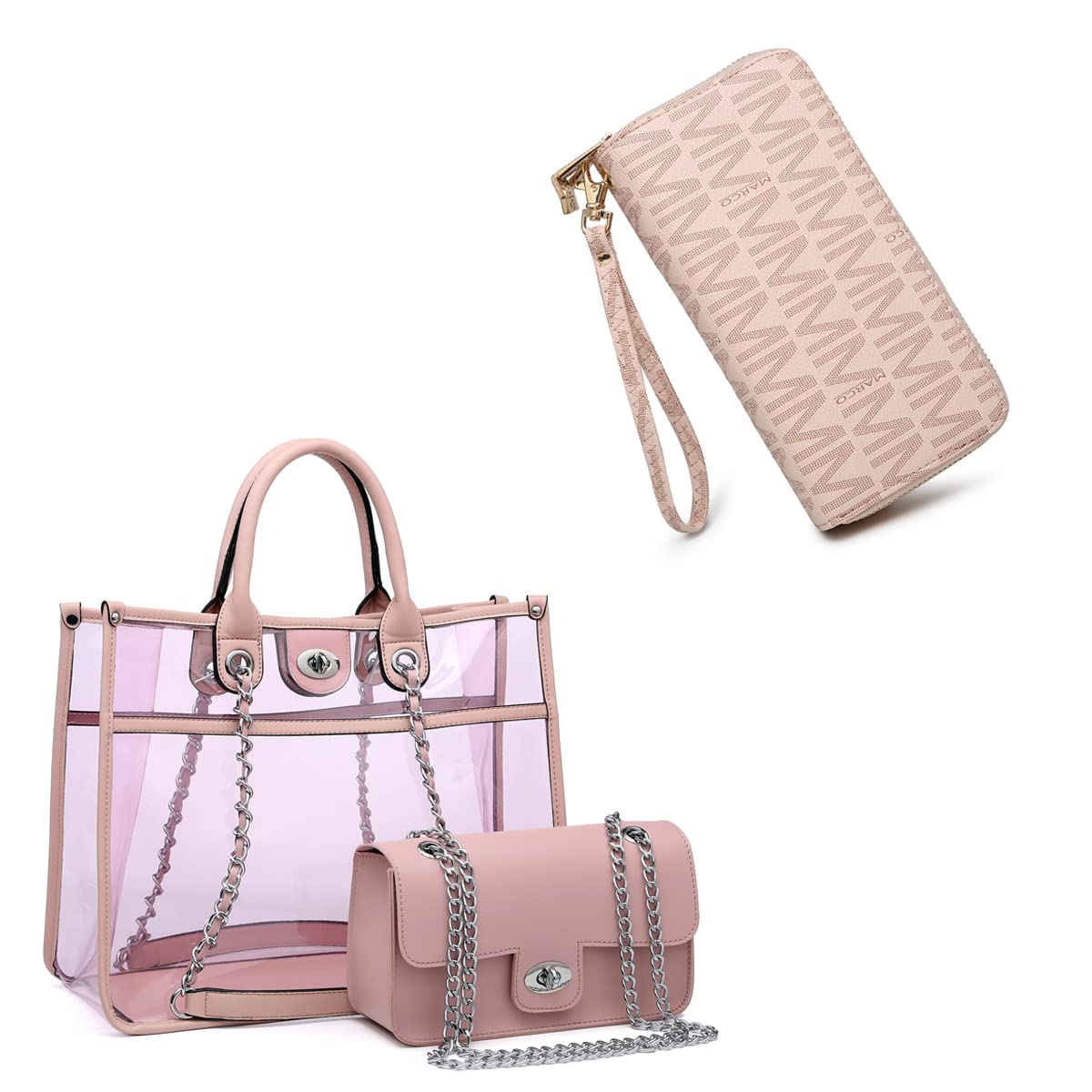 Large Clear Tote Bags for Women - Waterproof Top Handle Shoulder Handbags 2Pcs Set with Wristlet Wallet | Fashion Beach Bag, Gym Bag, Travel Essentials Organizer
