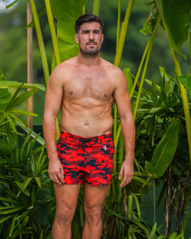 Men's Red Camo Swim Shorts - Quick Dry Beach Board Shorts for Swimming, Surfing & Summer Vacations