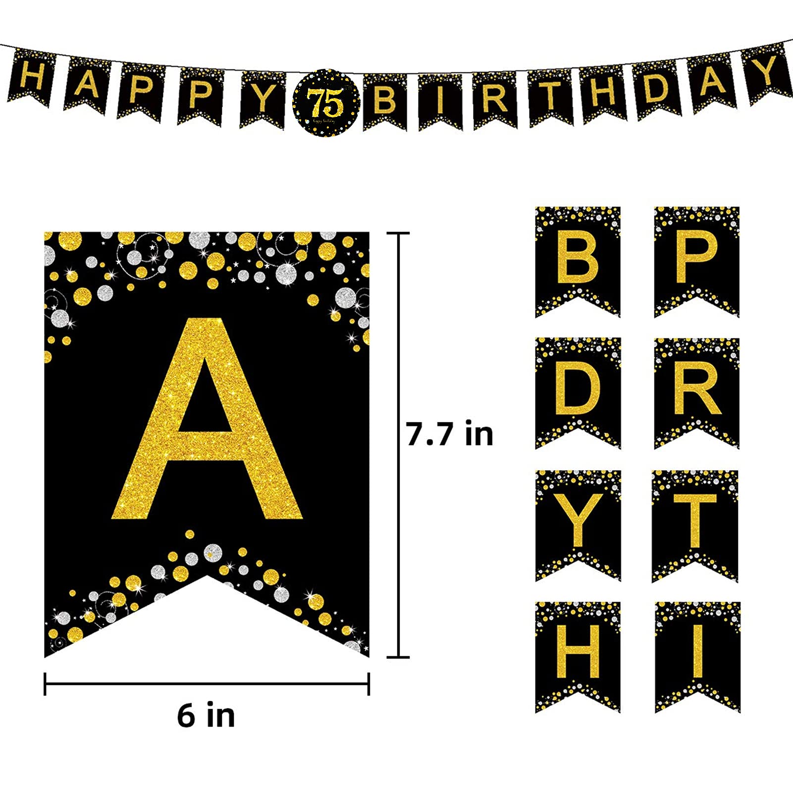 Trgowaul 75th Birthday Party Supplies Set - 24-Piece Black & Gold Disposable Tableware Kit with Plates, Napkins, Cups, Cutlery & Tablecover + Number Balloon Decorations - Perfect for Milestone Celebrations & Retirement Parties