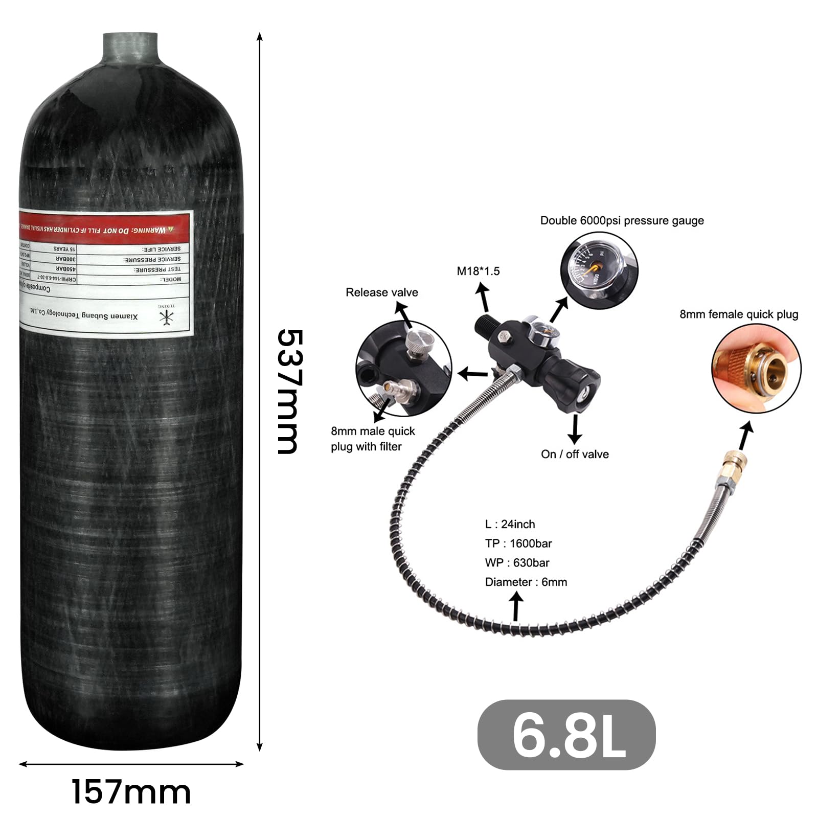 TUXING 4500psi 6.8L/414ci Carbon Fiber Paintball HPA Air Tank - PCP Air System with Dual Gauge Valve & Carry Bag for Outdoor Shooting, Airsoft & Hunting Adventures
