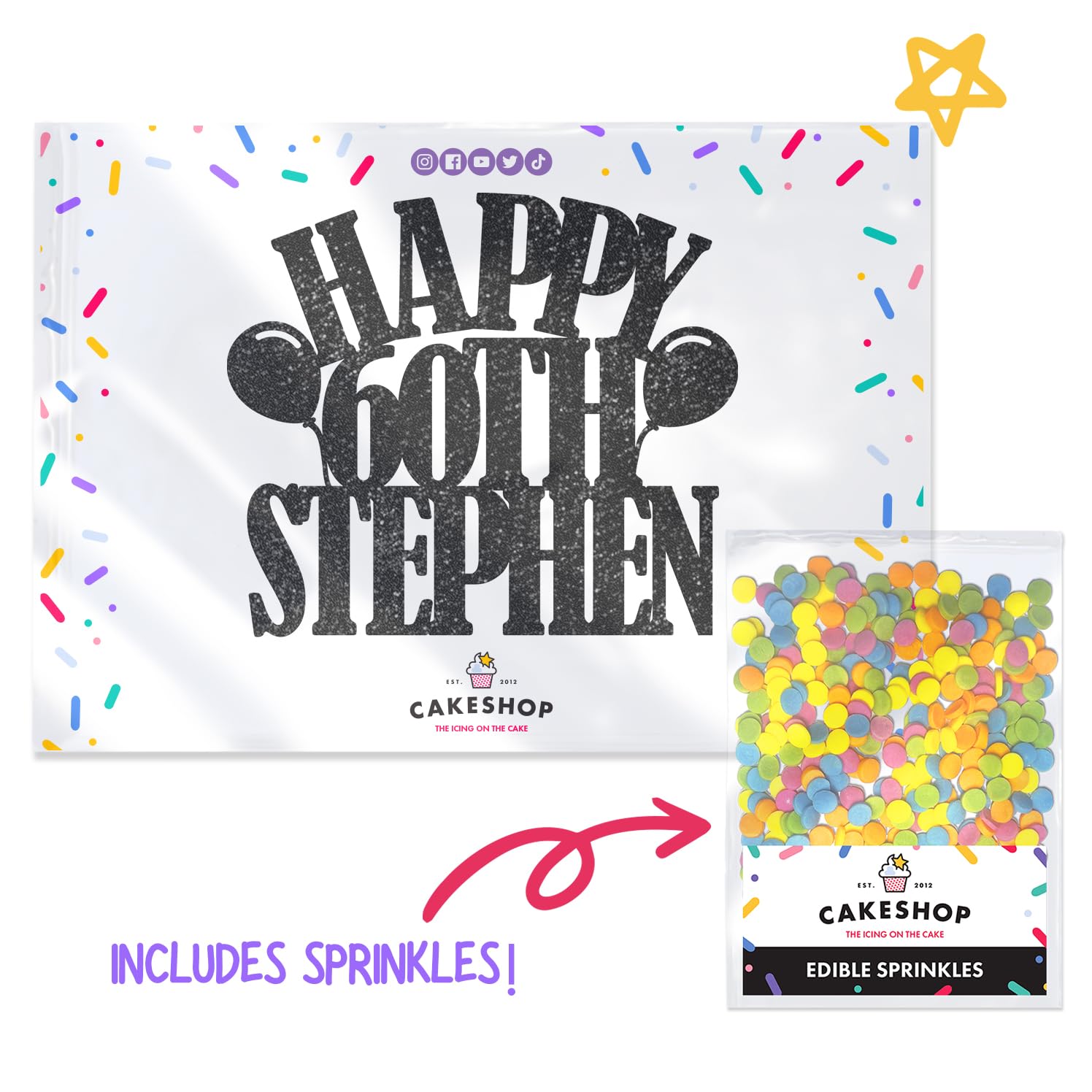 Personalized Happy Birthday Glitter Cake Topper with Balloons - Custom Name & Age Cake Decoration for Birthday Parties, Weddings & Special Events - Black Glitter Cake Decor with Sprinkles - Perfect for Cakes, Cupcakes & Desserts by Cakeshop