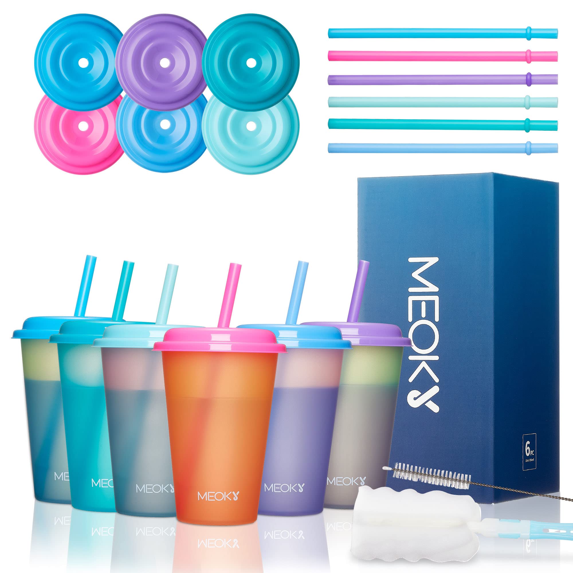Meoky 12oz Color Changing Plastic Cups with Lids & Straws - 12 Pack Reusable Kids Tumblers for Cold Drinks, Summer Parties, Picnics, and Outdoor Activities