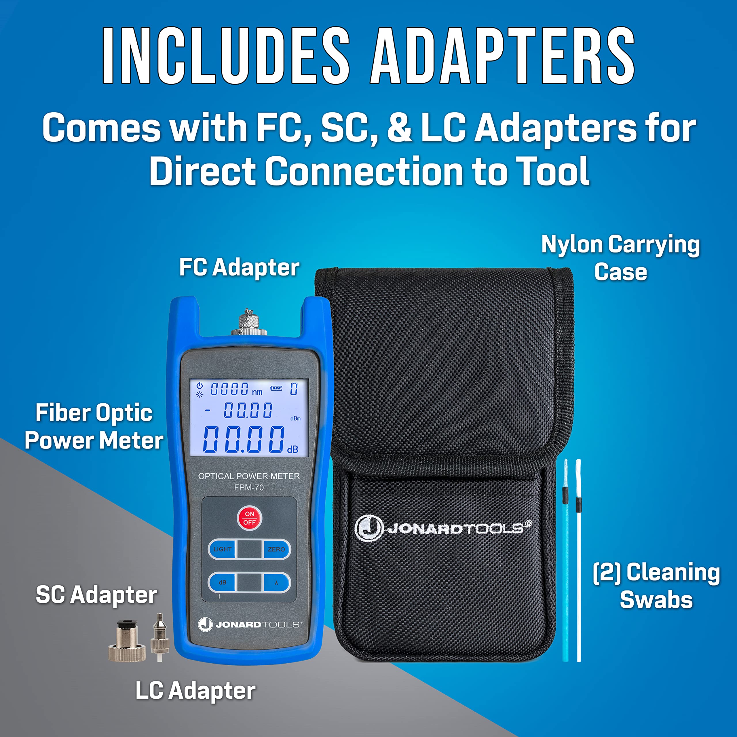 Jonard Tools FPM-70 Fiber Optic Power Meter (-70 to +6 dBm) with FC/SC/LC Adapters | High-Precision Optical Testing for Telecom, Data Centers & Network Maintenance