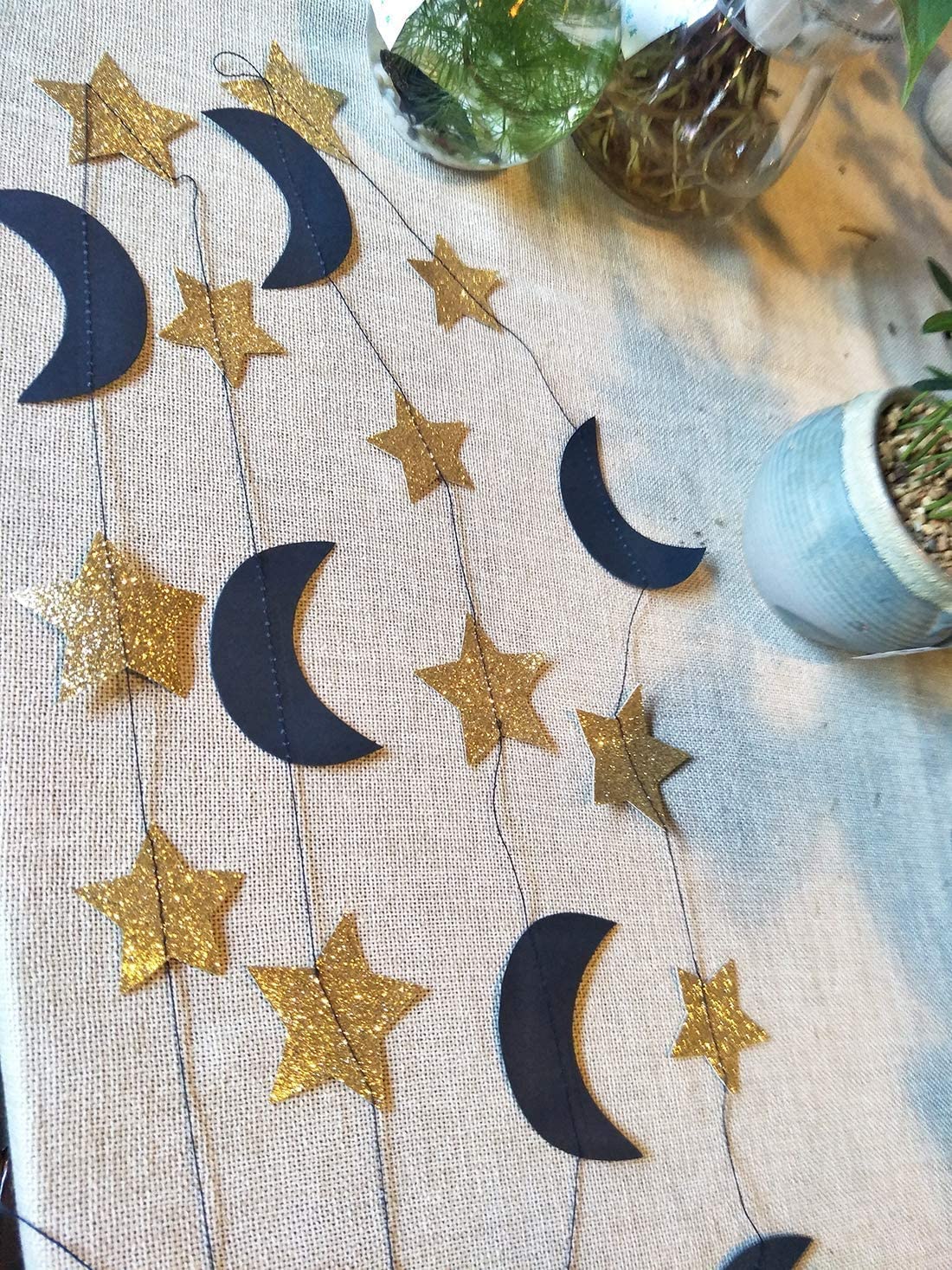 Moon and Star Garland Decorations - Navy Gold Glitter Outer Space Themed Party Decor for Weddings, Baby Showers & Birthdays | Perfect for Ceiling, Wall & Backdrop Decorations