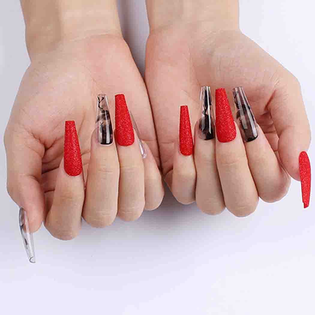 24Pcs Extra Long Press on Nails - Glossy Acrylic Coffin Ballerina Fake Nails with Smoke Pattern Red & Black Designs, Full Cover Artificial Nails for Women & Girls | Perfect for Parties, Halloween, Cosplay & Special Occasions