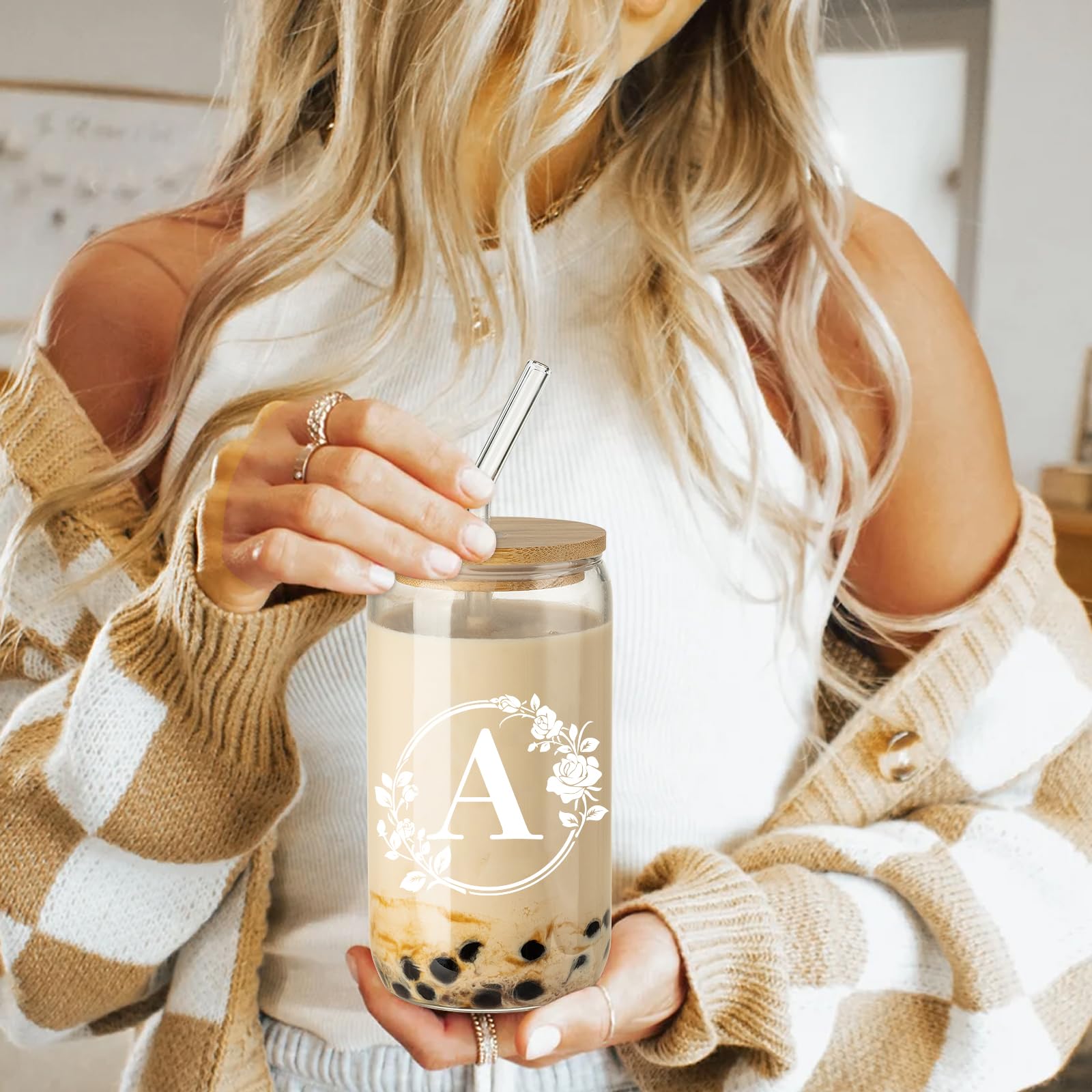 Personalized Monogrammed Initial Glass Cup - 16oz Beer Can Shaped Glass with Lid & Straw - Custom Birthday Christmas Gifts for Women - Perfect for Iced Coffee, Cocktails & Home Bar Decor