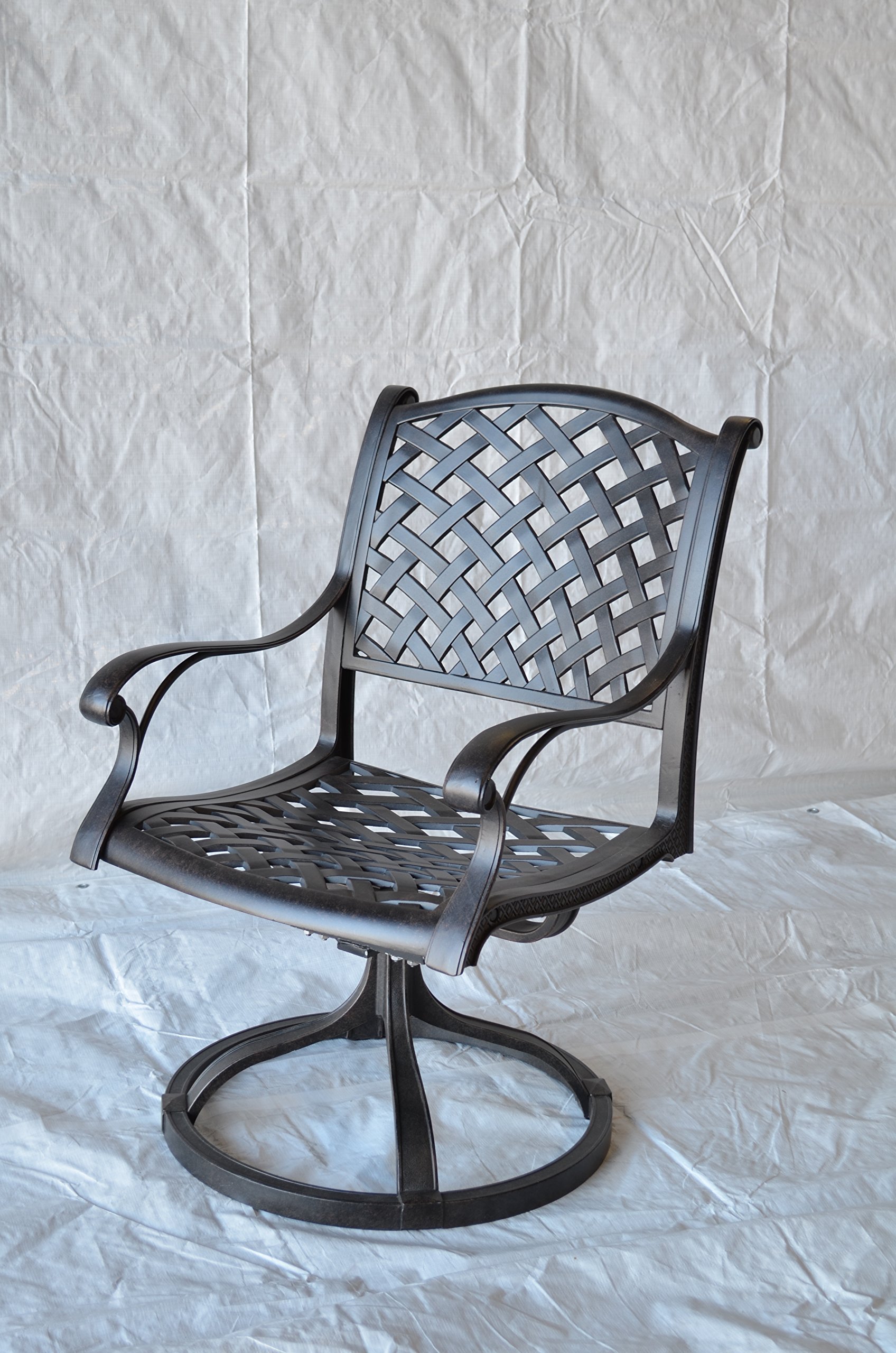 Dark Bronze Cast Aluminum Nassau Outdoor Patio 4 Swivel Rocker Dining Chairs with Walnut Cushions - Perfect for Backyard, Garden & Poolside Relaxation