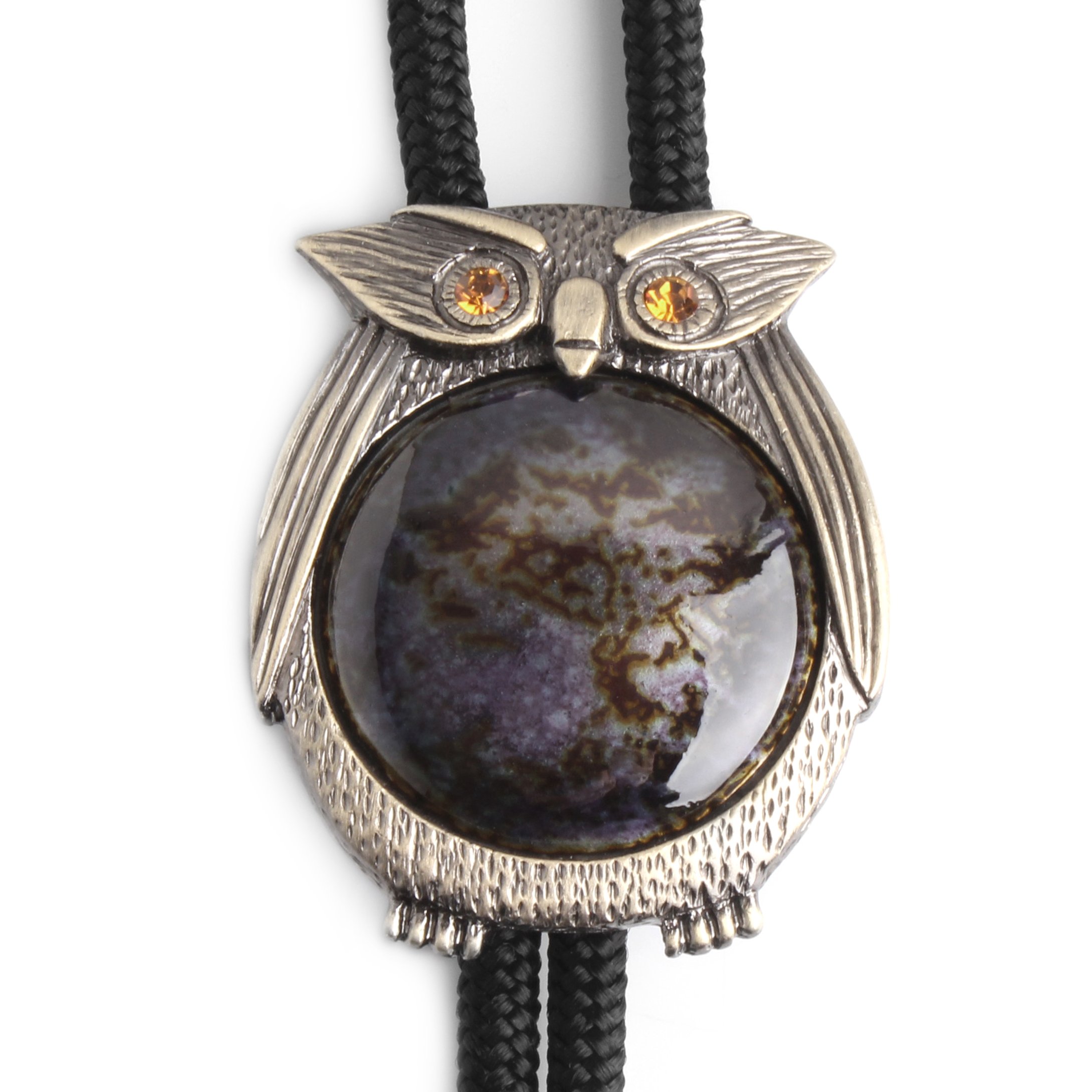 Vintage Bolo Tie Cloisonne Owl Design - Classic String Edition in African Violet - Western Wear Accessory for Men, Cowboy Outfit & Native American Fashion