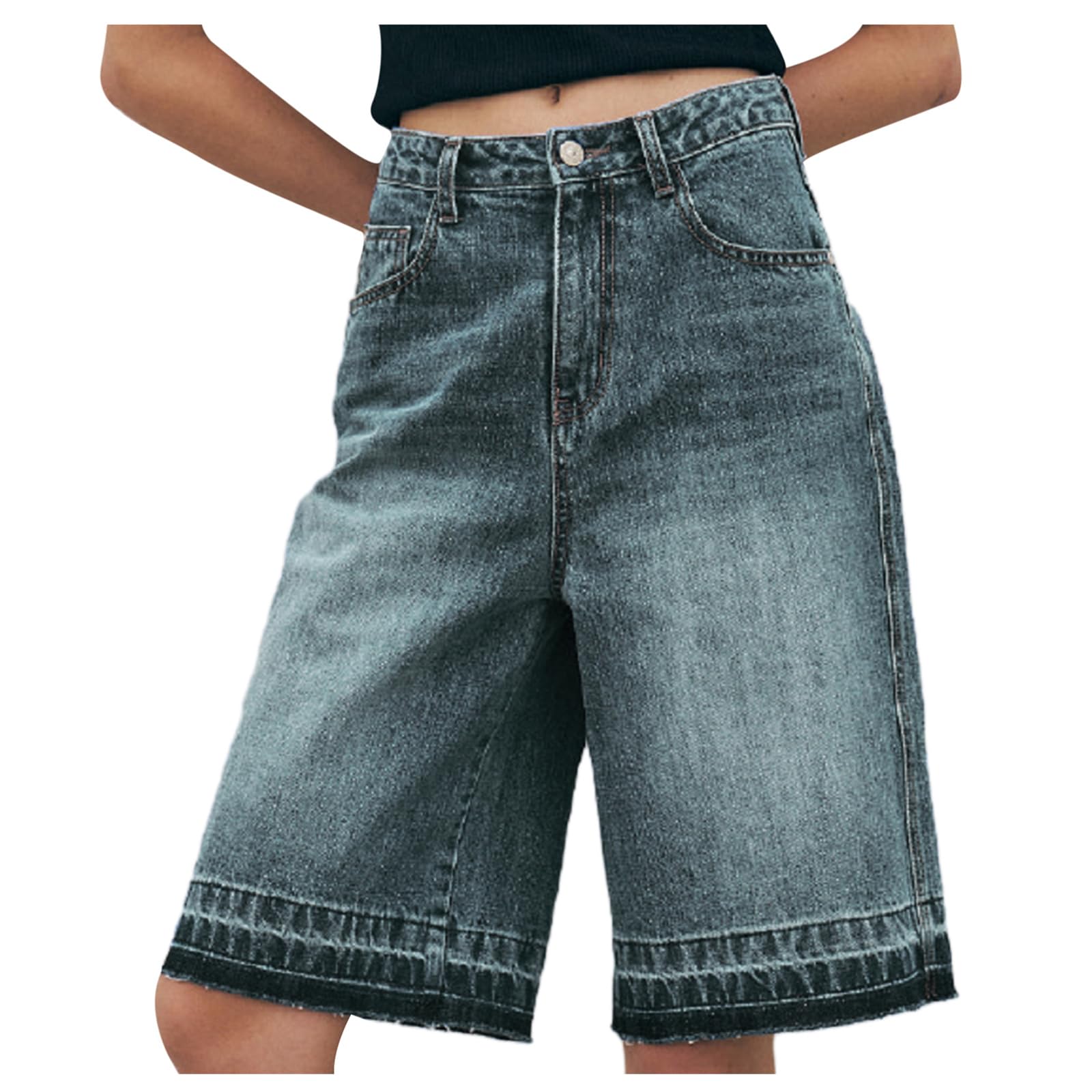 Y2K Women's Low Rise Baggy Denim Shorts | Bermuda Jean Shorts with Frayed Hem | Wide Leg Midi Shorts for Summer | Streetwear Fashion | Perfect for Casual Outings, Beach Trips & Music Festivals