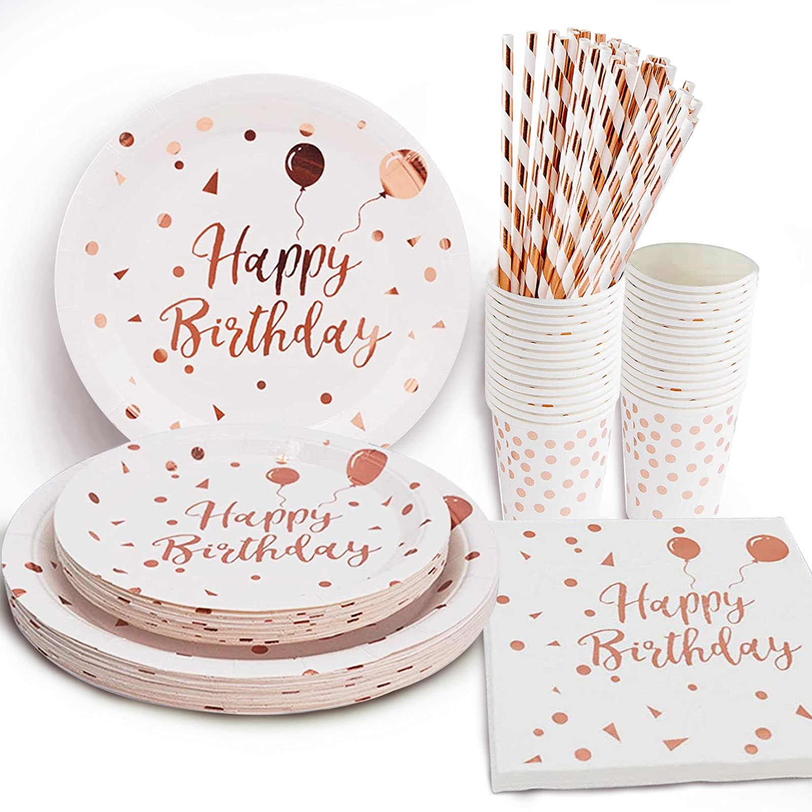Rose Gold & White Birthday Party Supplies Set - 24-Piece Disposable Plates, Napkins, Cups & Straws for Women, Girls, Mom & Baby Celebrations - Elegant Rose Gold Dots Design for Birthday Parties, Baby Showers & Bridal Showers
