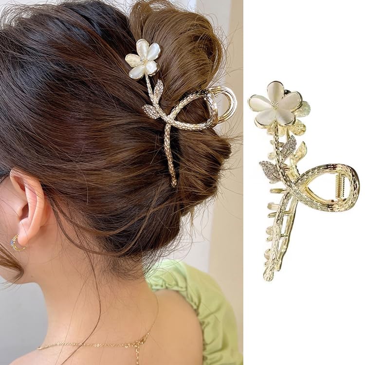PALAY Large Flower Hair Claw Clips for Women - Rhinestone French Metal Jaw Clips with Strong Hold (3-Pack) - Perfect for Updos, Ponytails & Everyday Hairstyles