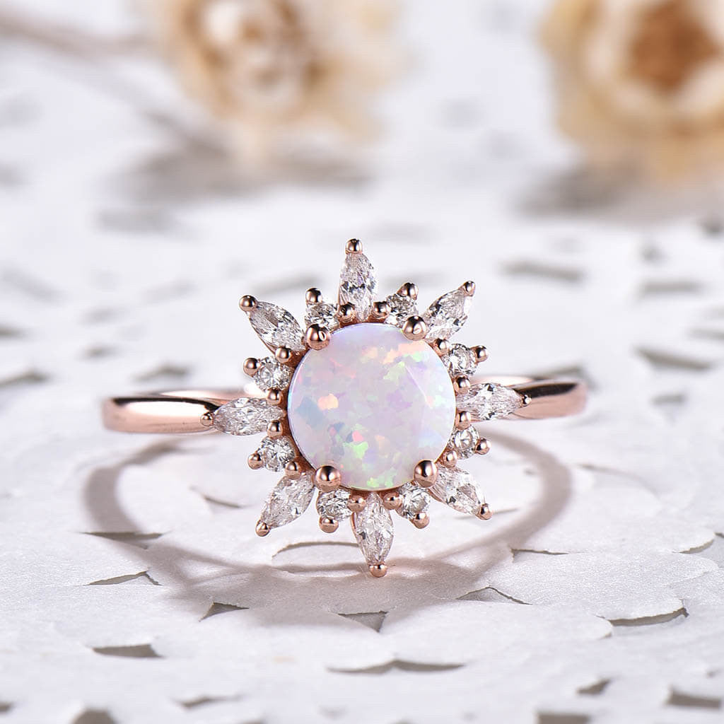 14K/18K Gold Floral Opal and Moissanite Diamond Engagement Ring for Women - Elegant Wedding, Proposal, Anniversary Gift for Her
