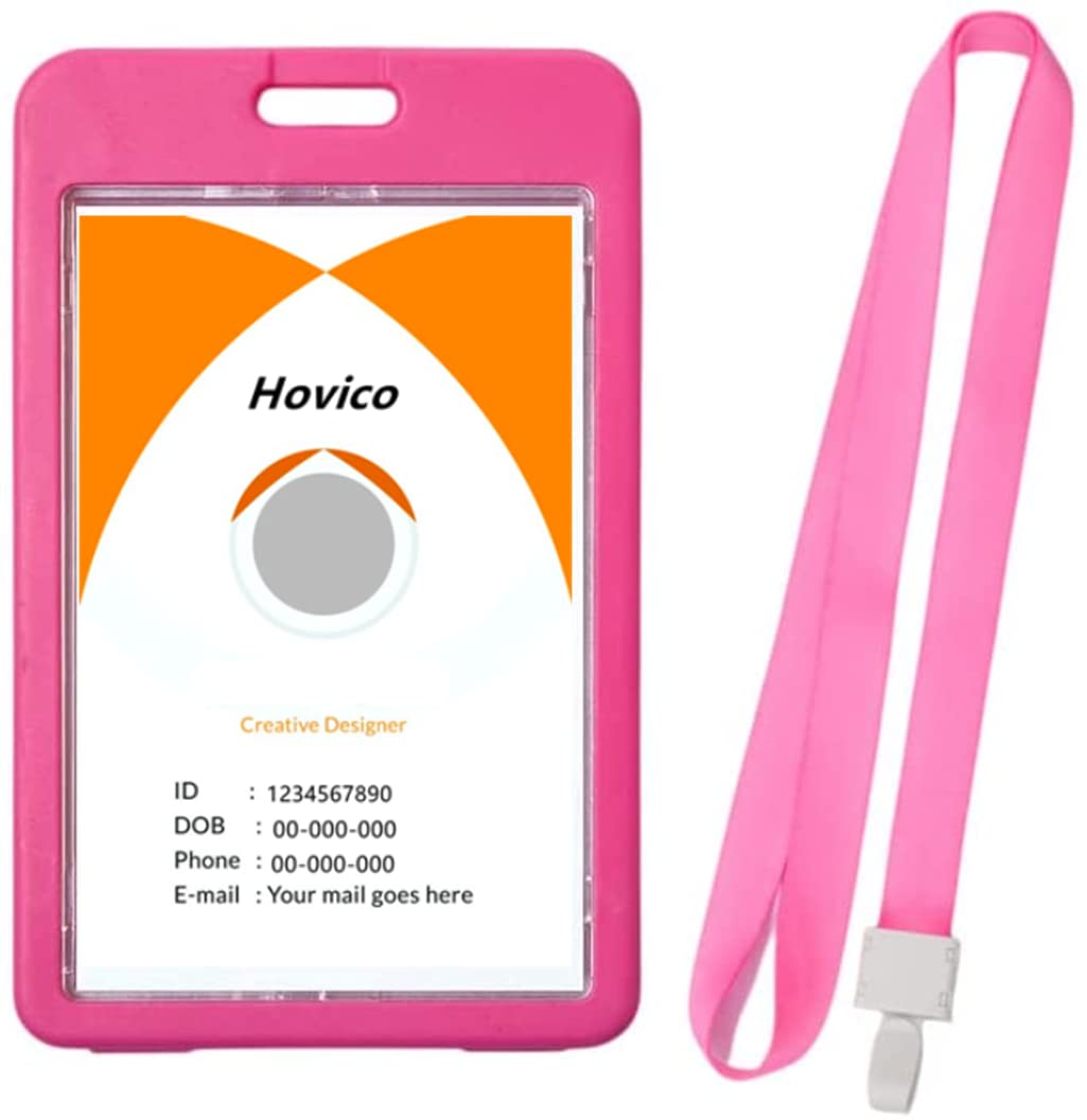 Hovico Vertical Double Sided Clear ID Badge Holder with Lanyard - Waterproof Name Tag Card Holder for School, Office, Events & Conferences (Pink) - Perfect for Teachers, Students, Employees and Security Personnel