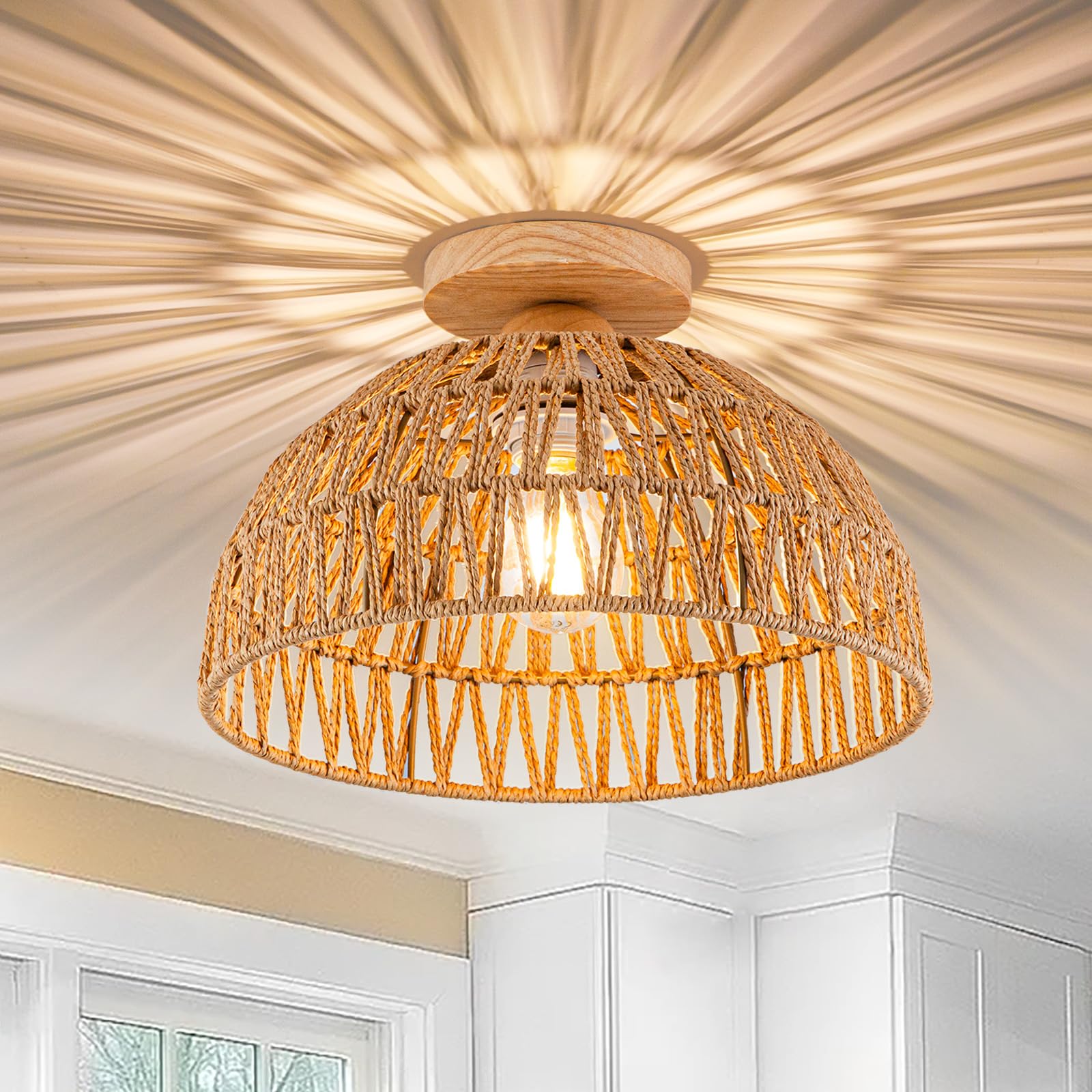Boho Rattan Ceiling Light Fixture - Hand-Woven Flush Mount Chandelier with Wooden Base - Natural Woven Lamp Shade for Hallway, Bedroom, Kitchen & Nursery - Perfect for Boho, Farmhouse & Coastal Home Decor