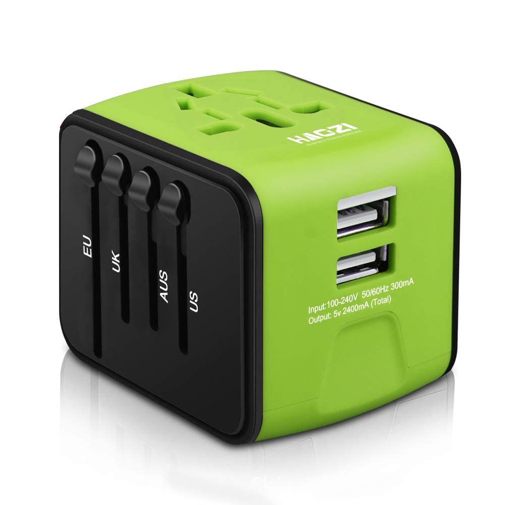 Universal Travel Adapter with 2.4A Dual USB - All-in-One International Power Charger for US, UK, EU, AU & Asia (150+ Countries) - Compact Green Wall Charger for Travel, Business Trips & Vacation Essentials
