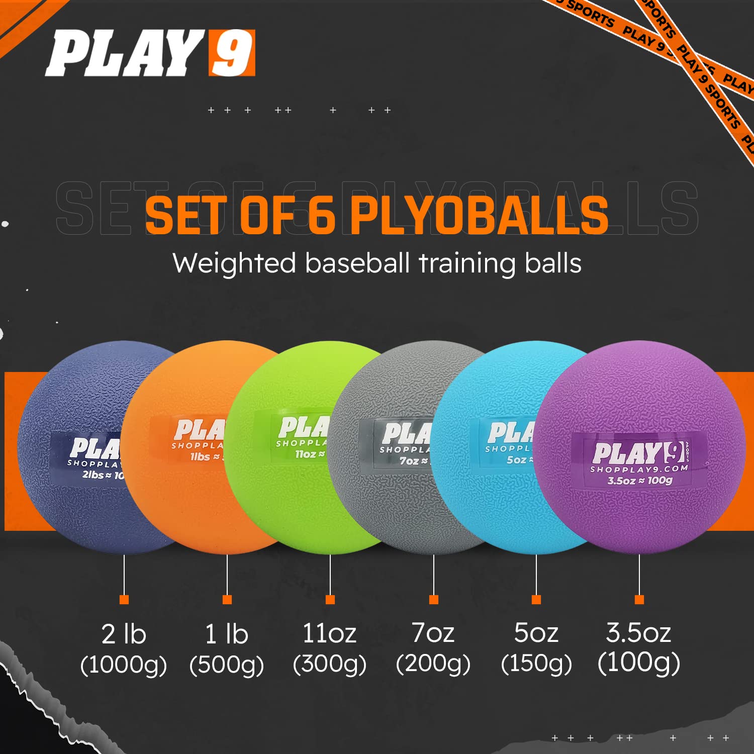 SHOP PLAY 9 - Premium Plyometric Weighted Baseballs for Arm Strength & Velocity Training - Textured Grip Baseballs for Throwing, Stretching & Pitching Drills - Perfect for Baseball Players, Coaches & Athletes - Enhance Performance & Prevent Injuries