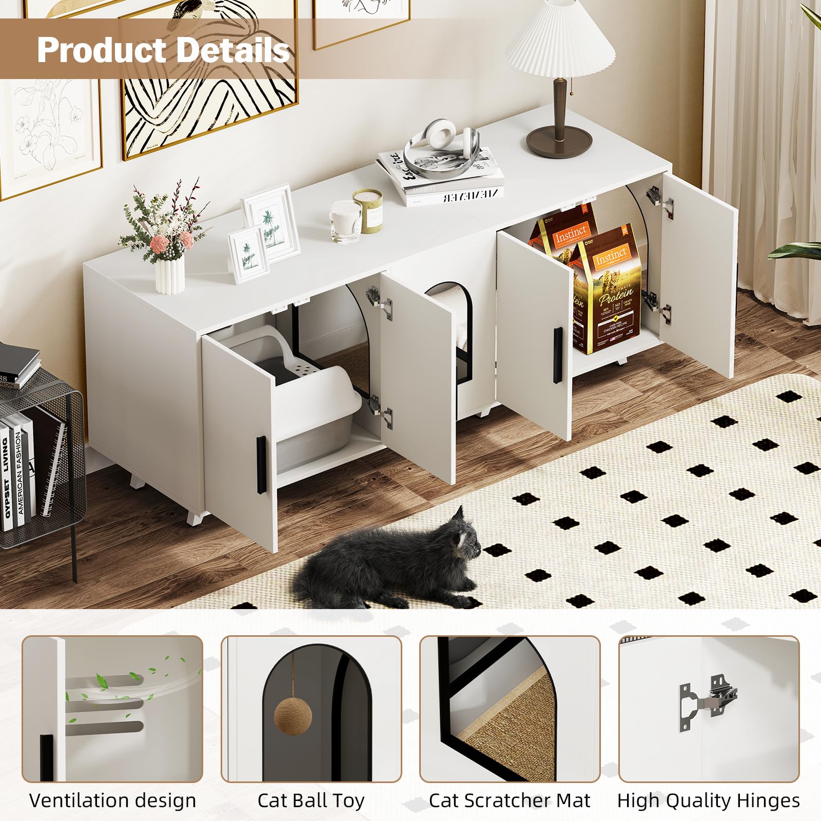 Large Cat Litter Box Enclosure Furniture for 2 Cats - Dual Storage Cabinet with Scratching Mat & Toy Ball - White - Perfect for Indoor Cat Owners & Small Spaces