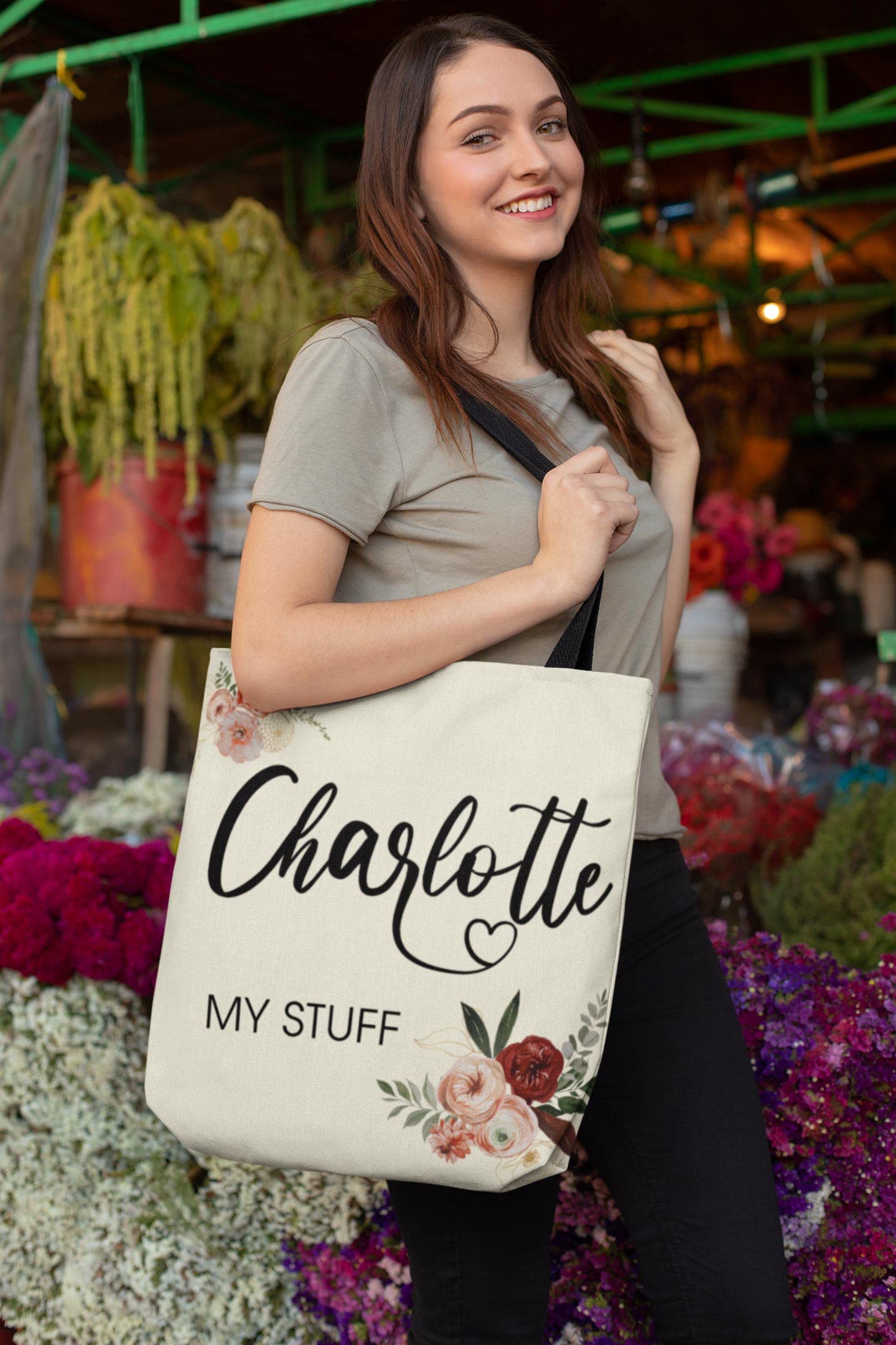 Custom Floral Letter & Name Personalized Tote Bags - Reusable Grocery Shopping Bags for Women - Eco-Friendly Cotton Canvas Handbag for Daily Use, Beach, Work & Gift Giving