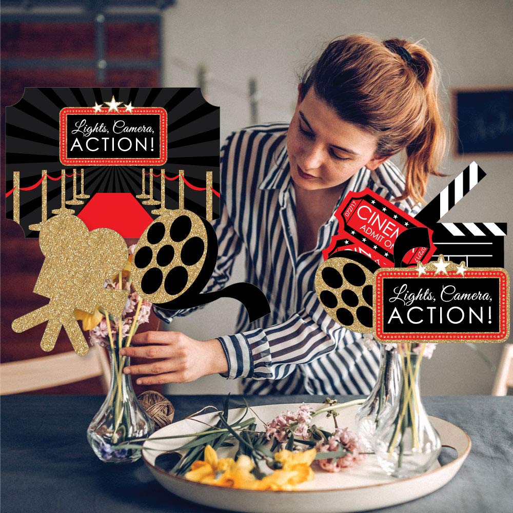 Premium Hollywood Movie Night Table Centerpiece Set - Double-Sided Printed Cardstock Toppers, 35-Piece Celebration Decor Kit for Red Carpet Parties, Birthday Celebrations & Themed Events