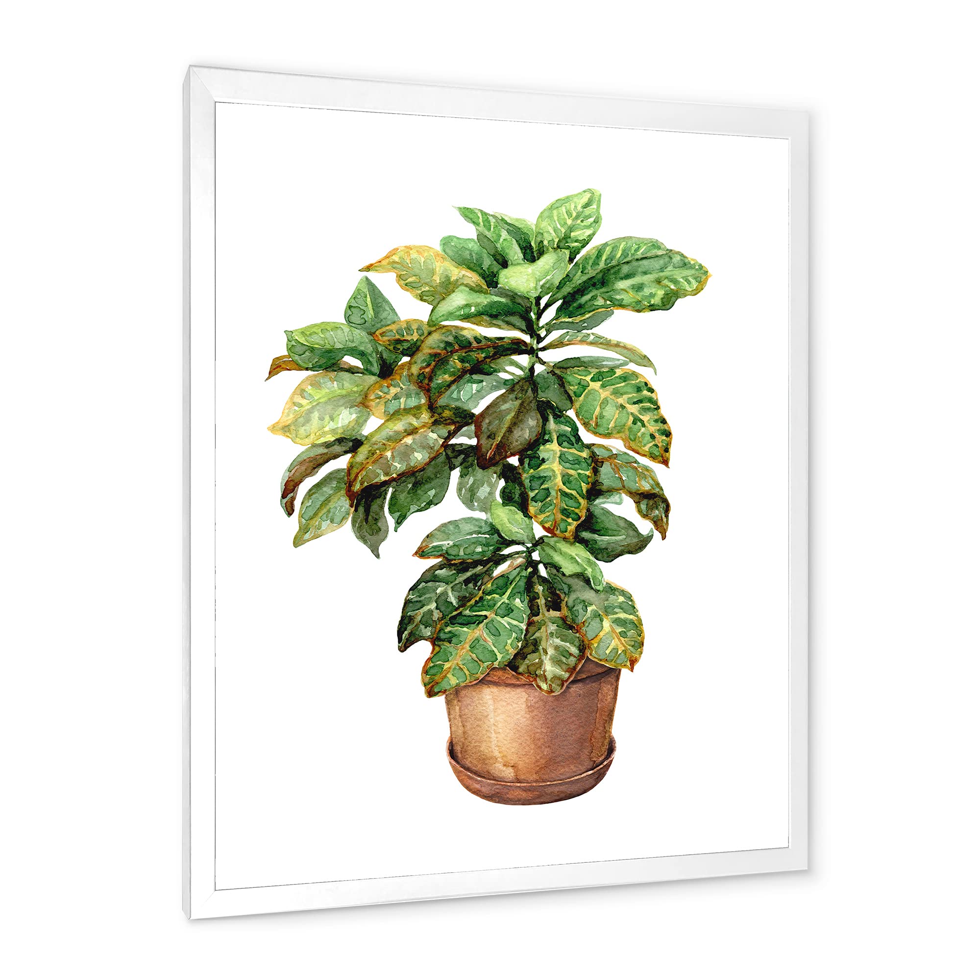 DesignQ Croton in Clay Flowerpot - Traditional Framed Wall Art Decor for Living Room, Bedroom & Office | Handmade Botanical Painting Home Décor