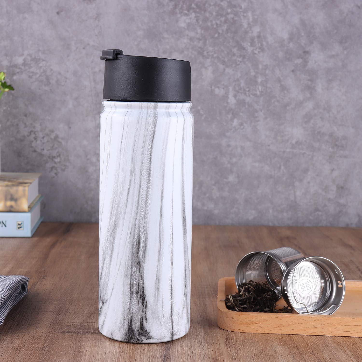 Premium 18/8 Stainless Steel Insulated Tea Infuser Bottle with Removable Loose Leaf Strainer - Leakproof Travel Tumbler for Hot/Cold Tea - Perfect Gift for Tea Lovers (White Marble Design) - Ideal for Office, Gym, Hiking & Daily Commute