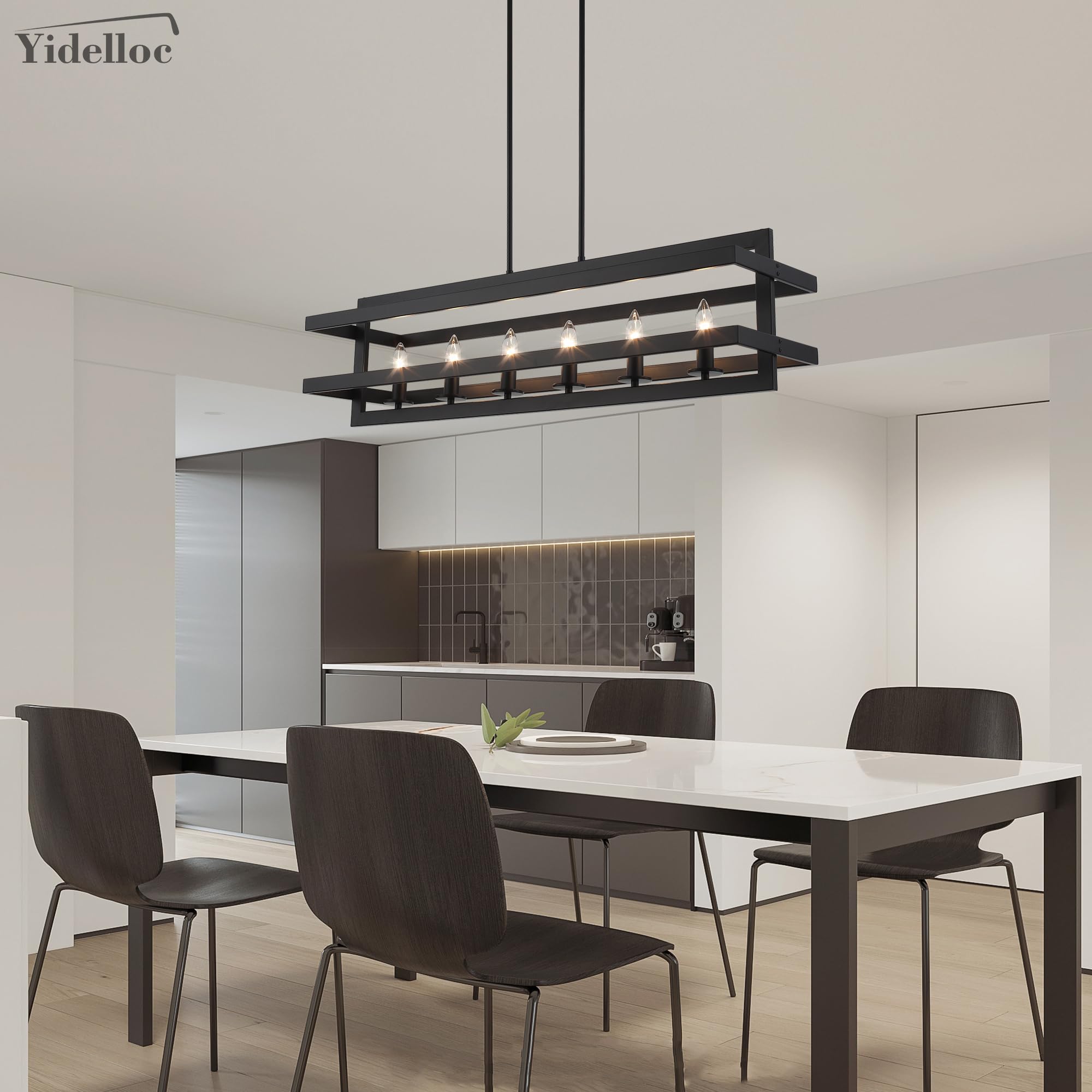 Modern Black Rectangle Chandelier - 6-Light Farmhouse Pendant Lighting for Kitchen Island, Dining Room & Living Room | Rustic Cage Design for Home Decor