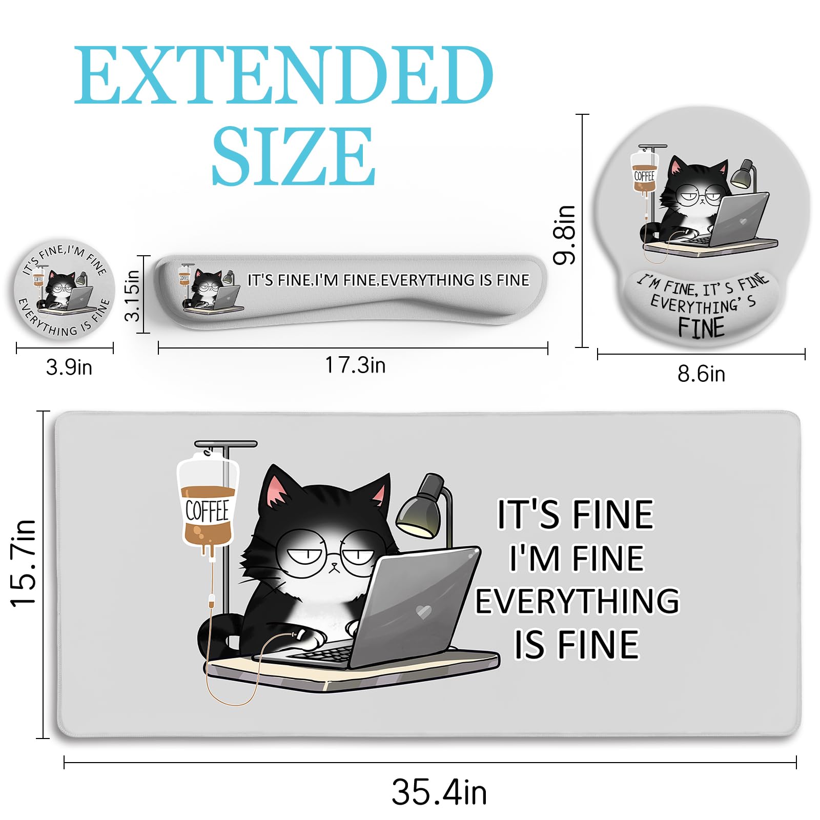 Ergonomic Cat Mouse Pad with Wrist Rest - Cute Gaming & Office Desk Mat Set for Comfortable Wrist Support - Includes Keyboard Mat and Cup Coaster - Perfect for Work, Gaming, and Home Office Use