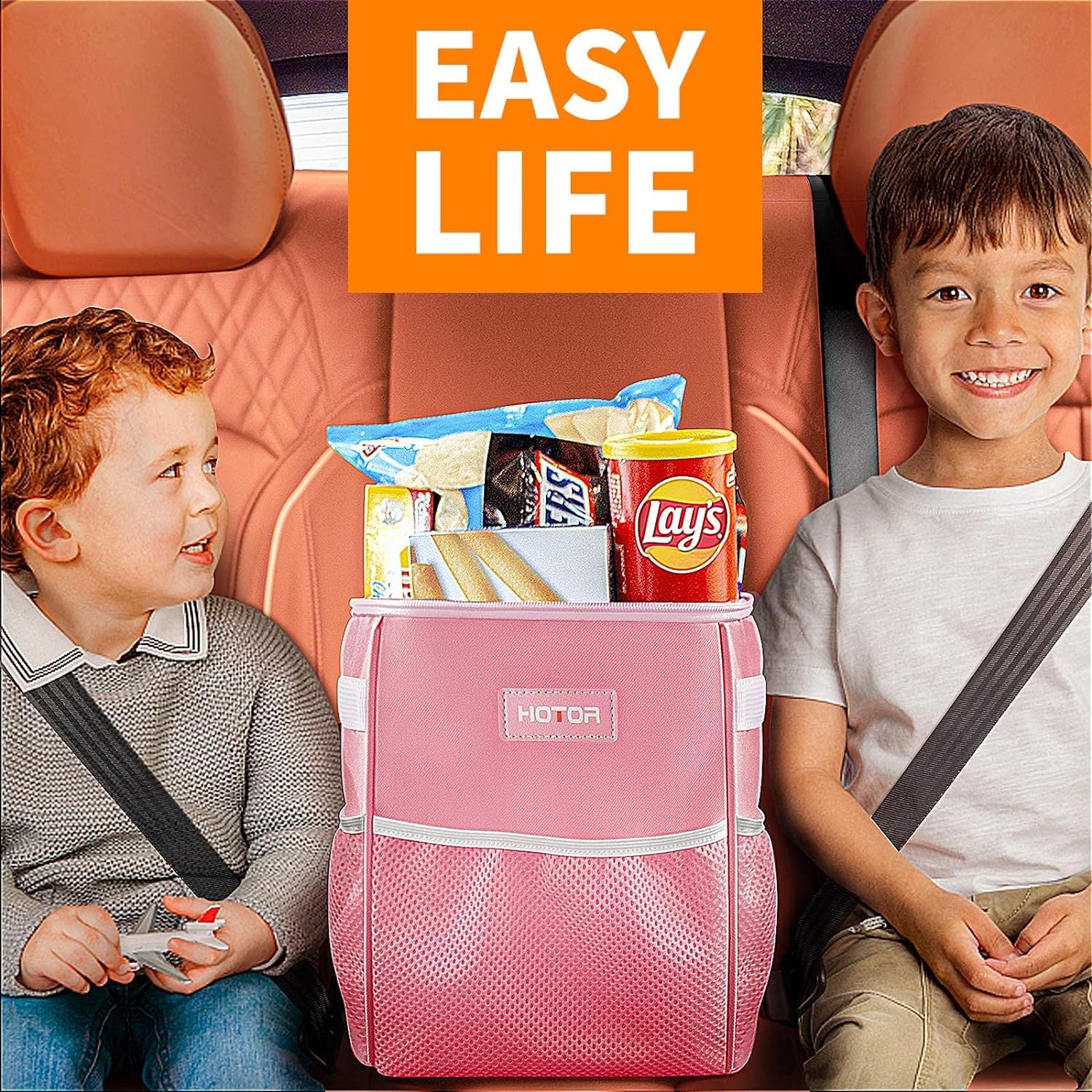 HOTOR 2 Gallon Car Trash Can with Lid - Leak-Proof Waterproof Garbage Bin with Storage Pockets | Multi-Purpose Vehicle Organizer for Road Trips, Commuting & Family Travel (Pink)