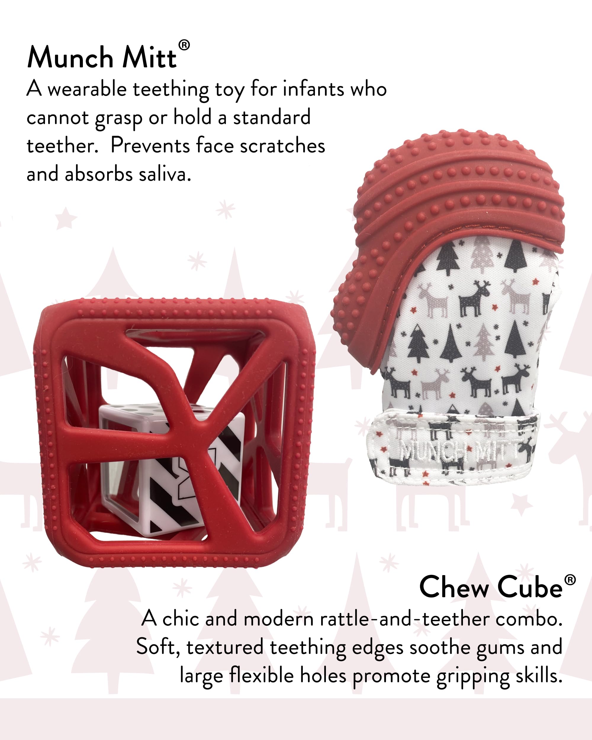 Malarkey Kids Teething Gift Set - Munch Mitt & Chew Cube Duo for Babies & Toddlers | BPA-Free Baby Teething Toys for Gum Relief & Sensory Stimulation | Perfect for Soothing Sore Gums & Early Childhood Development (Red)