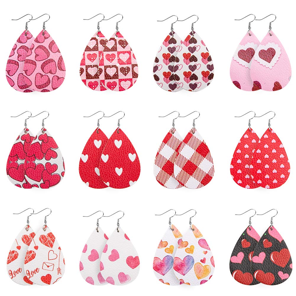 GAUSKY 12 Pairs Lightweight Faux Leather Earrings for Women - Heart Pattern Teardrop Dangle Earrings | Valentine's Day Love Gift for Her, Girls | Perfect for Date Night, Party, Wedding & Everyday Wear