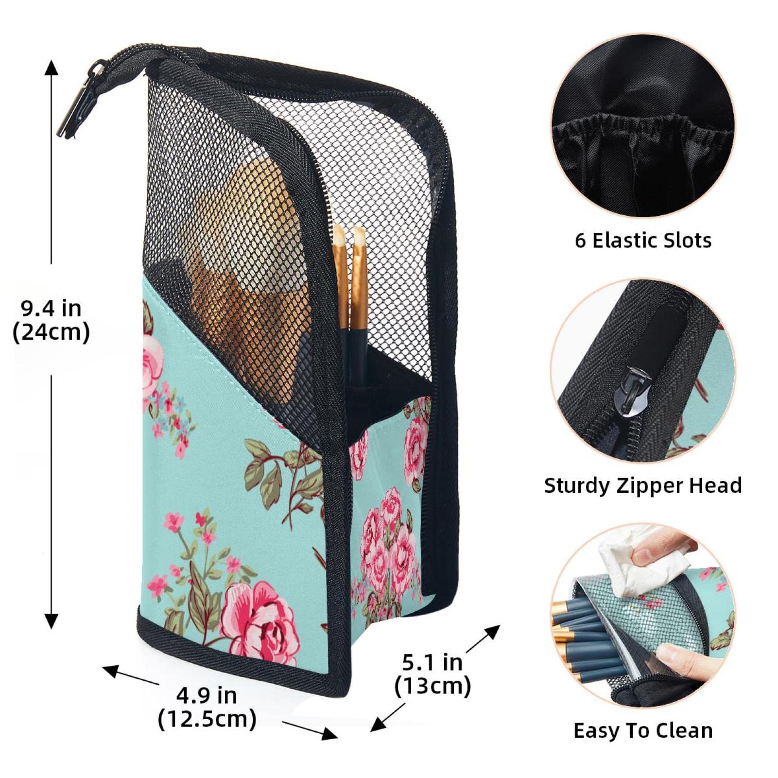 Floral Rose Makeup Brush Organizer Bag with 12 Brushes - Portable Minimalist Cosmetic Brush Holder Case for Travel & Home Vanity Organization