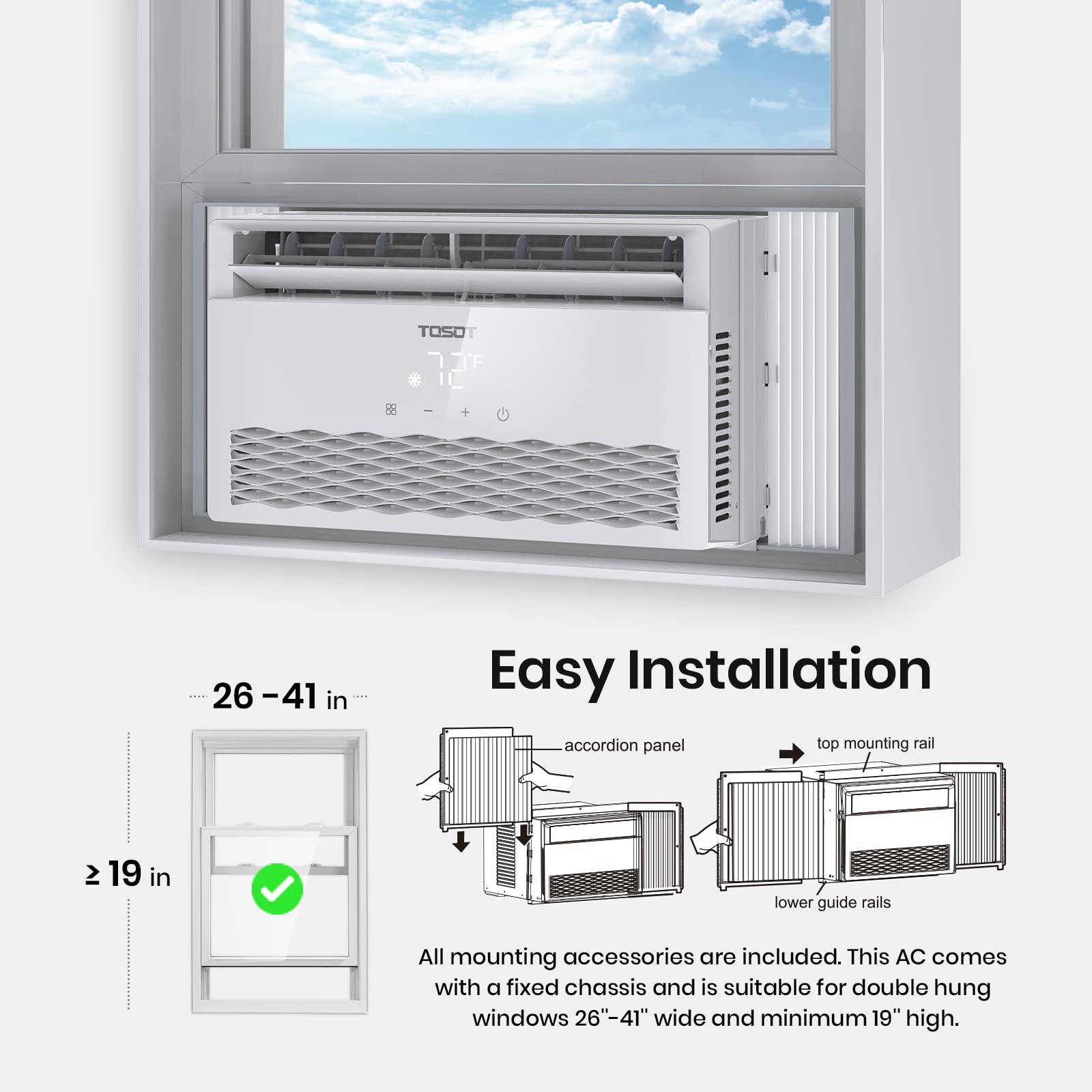 TOSOT 10,000 BTU Energy Efficient Window Air Conditioner with Modern Design, Smart Temperature-Sensing Remote - Perfect for Bedrooms, Living Rooms & Small Spaces