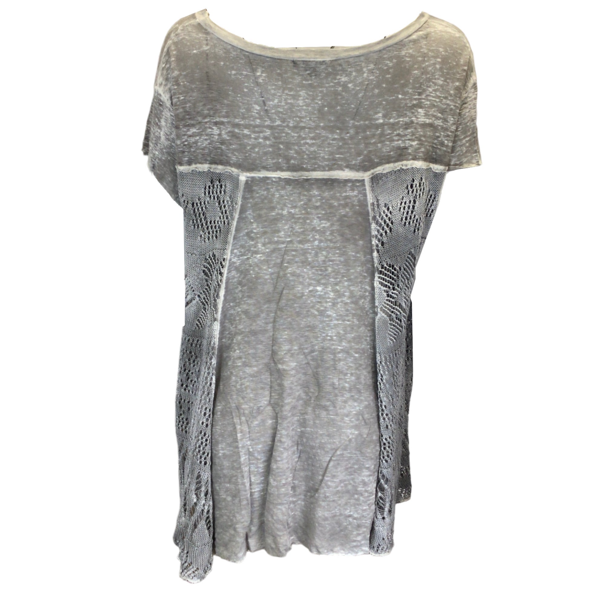 Avant Toi Grey Crochet Knit Detail Short Sleeve Burnout Linen Top for Women | Summer Boho Chic Blouse | Perfect for Beach Vacations & Casual Outings