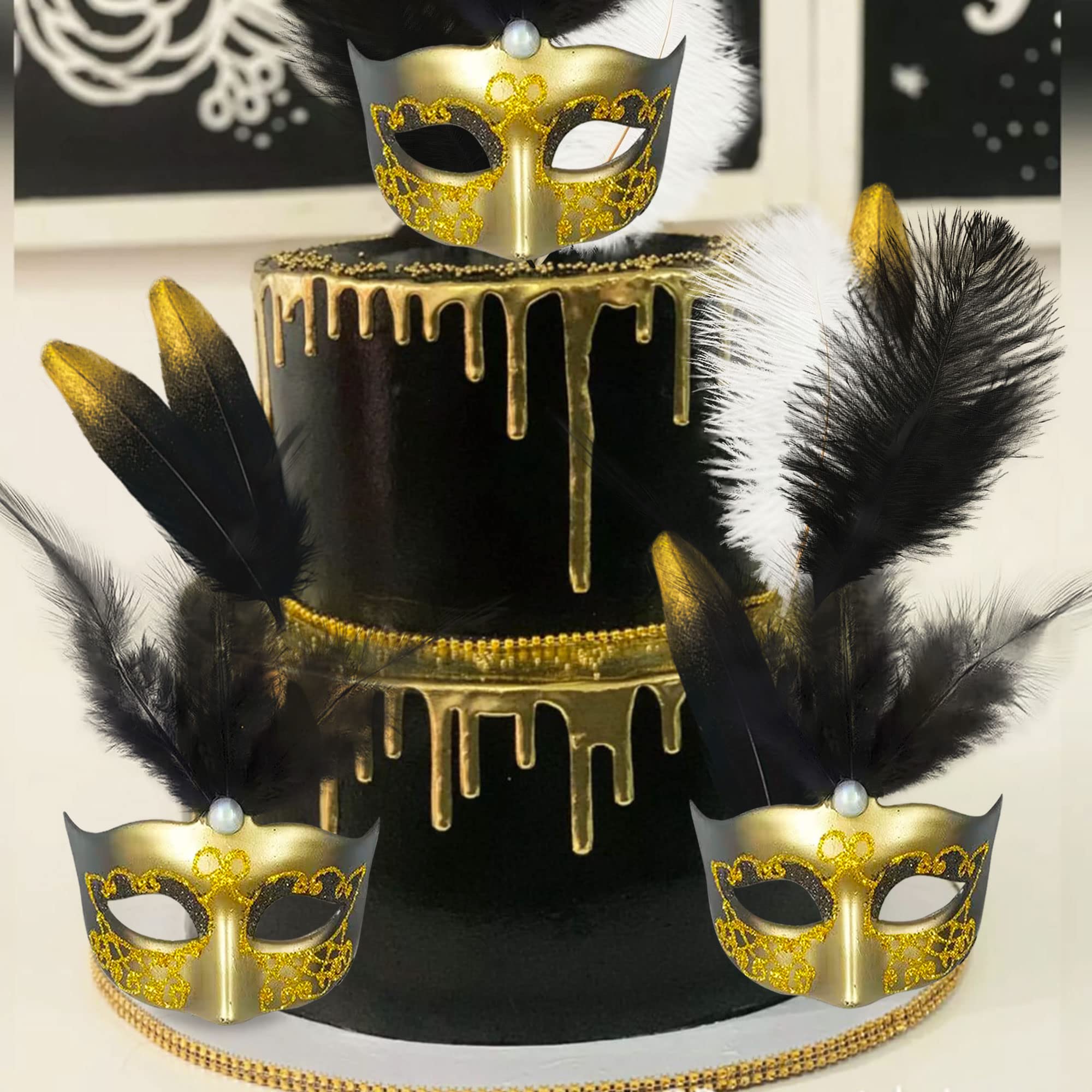 JeVenis Art Deco Cake Mask - Black Gold Masquerade Mask with Feathers for Gatsby Themed Prom Cakes, Wedding Cakes & Party Dessert Decorations | Perfect for 1920s Inspired Events, Birthday Parties & Elegant Celebrations