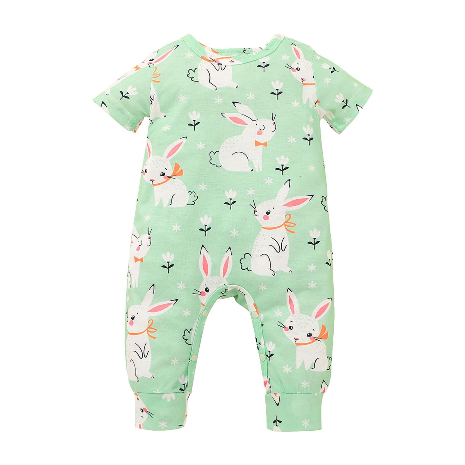 Cartoon Rabbit Printed Baby Romper - Easter Short Sleeve Jumpsuit for Girls & Boys | Casual Infant Outfit for Spring Playdates & Holiday Photos