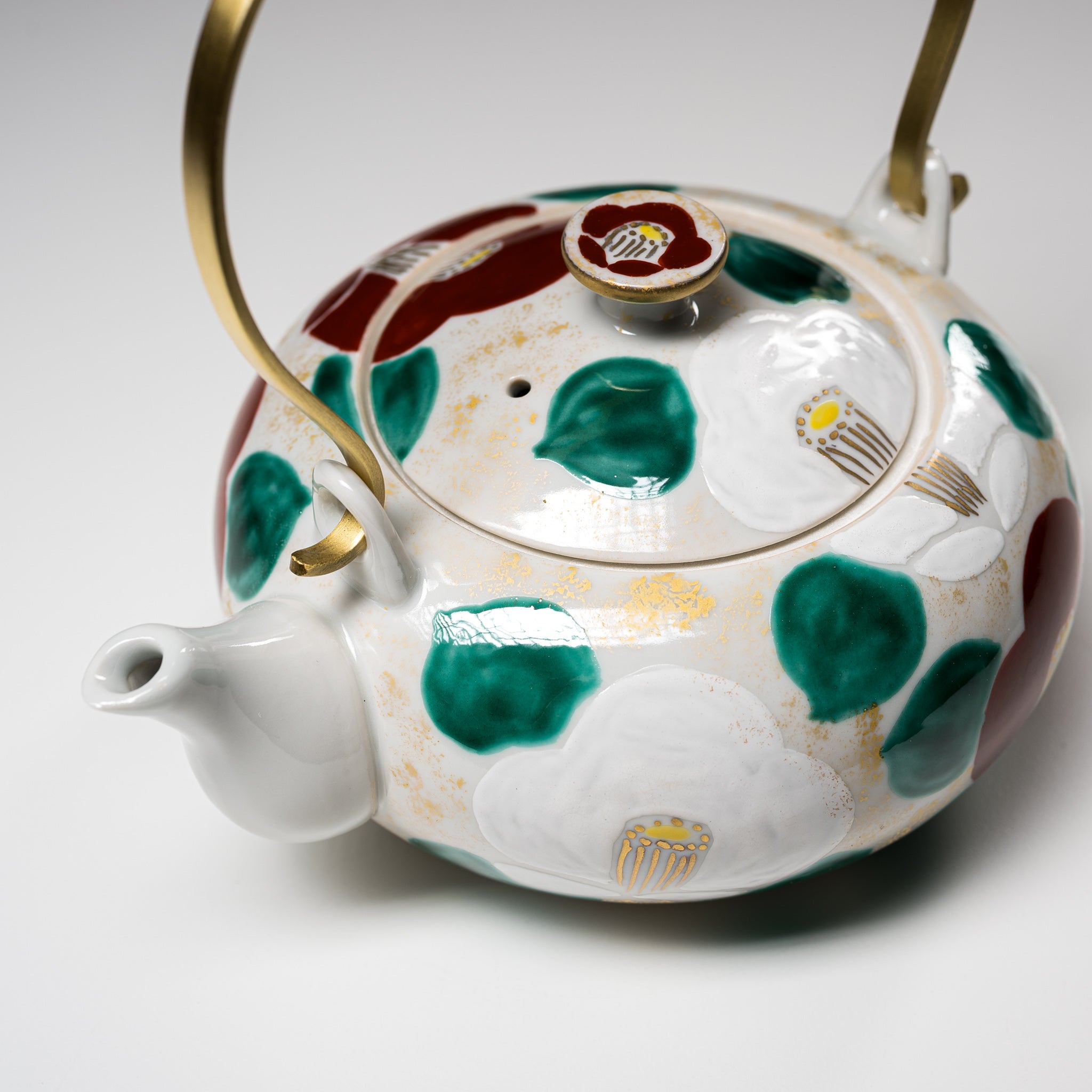 Handmade Kyoto Kiyomizu Ware Teapot - Camellia Red with Brass Handle | Authentic Japanese Ceramic Teapot for Tea Ceremony, Home Decor & Gift