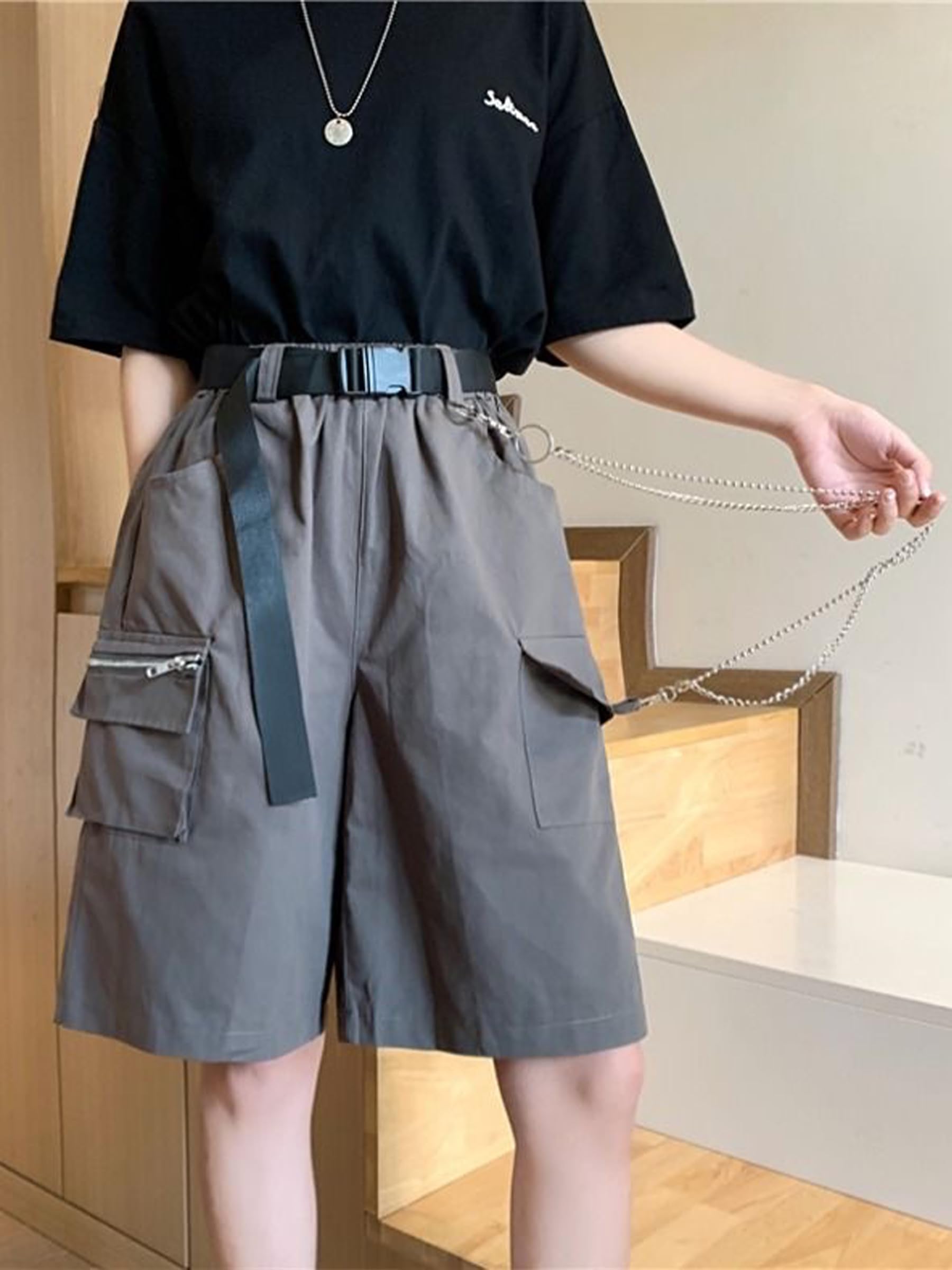 Kisswow Women's Casual Cargo Shorts with Chain - High Waist Summer Shorts for Women | Outdoor Hiking, Beach Vacation, Streetwear Fashion Outfits