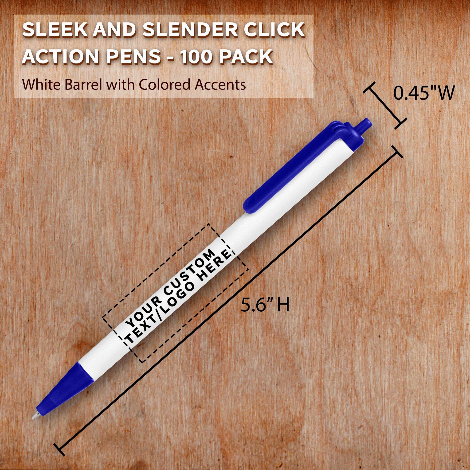 100-Pack Retractable Pens with Custom Text & Logo - Slim Barrel Black Ink Pens for Office, School & Business Promotions - Bulk Promotional Pens for Branding & Giveaways