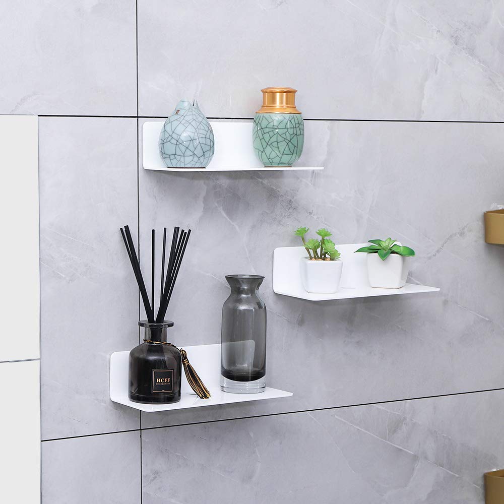 IEEK 9 Inch Acrylic Floating Shelves Set of 4 - Small Wall Display Shelves for Bluetooth Speakers, Security Cameras, Nintendo Switch & Action Figures - Damage-Free Stick-On Wall Shelves (White) - Perfect for Bedroom, Living Room, Office & Bathroom Organization