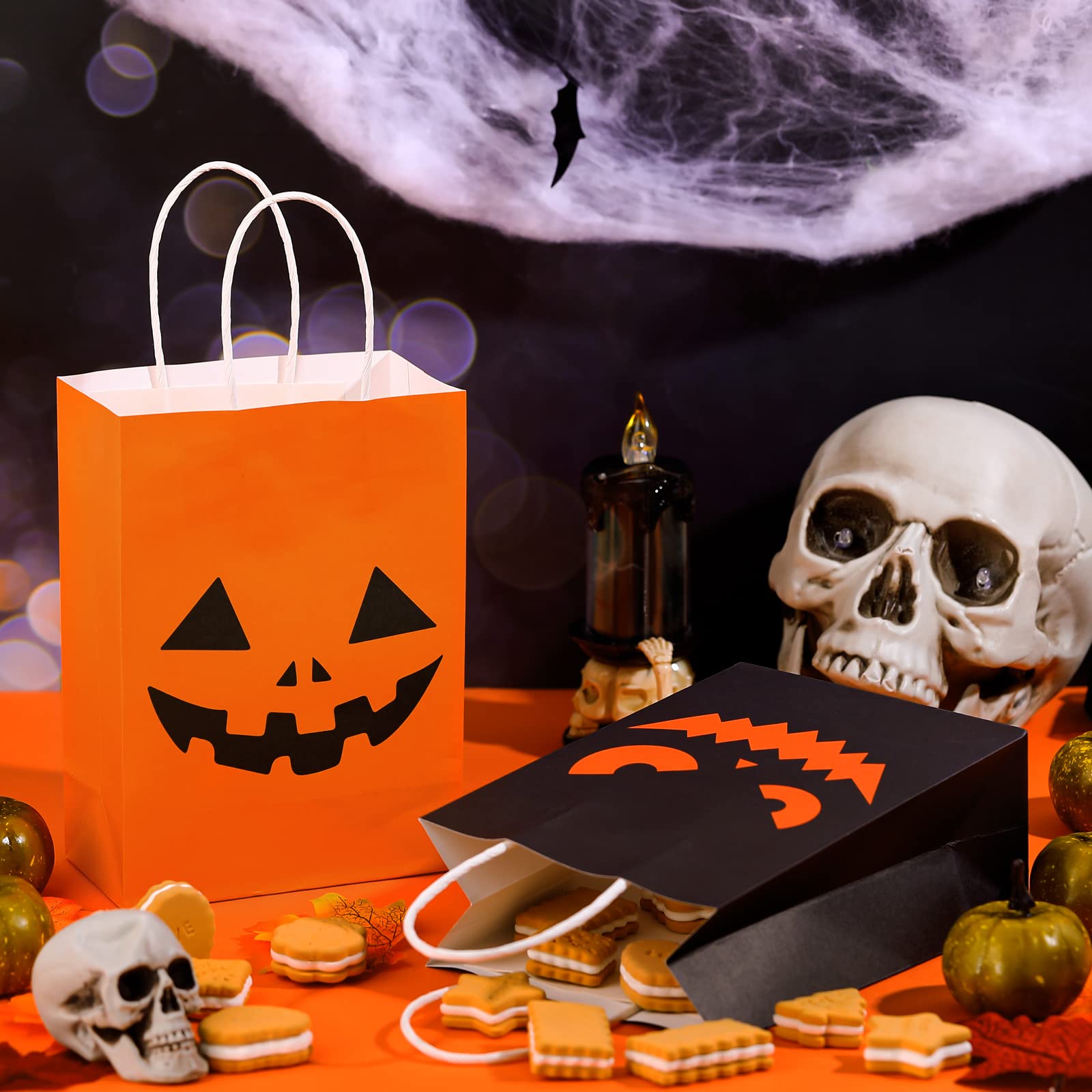 24 Pack Halloween Treat Bags with Handles - Orange & Black Paper Gift Bags for Candy, Goodies & Party Favors | Halloween Party Supplies, Trick or Treat, Classroom Treats & Holiday Snacks (Bright Style)