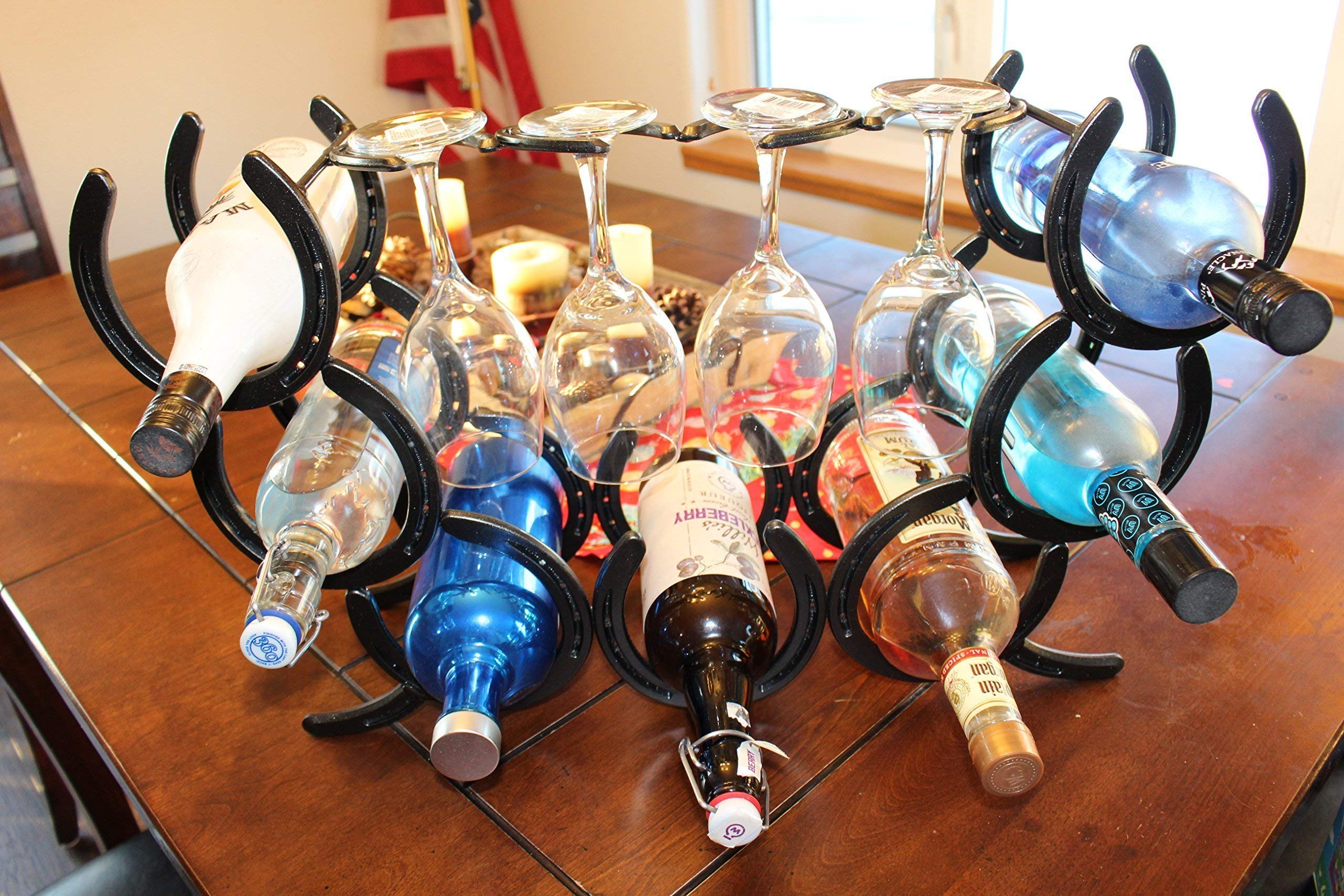 Horseshoe Wine Rack - 7 Bottle & 4 Glass Holder - Rustic Wall Mounted Wine Storage for Kitchen, Bar, or Dining Room Decor