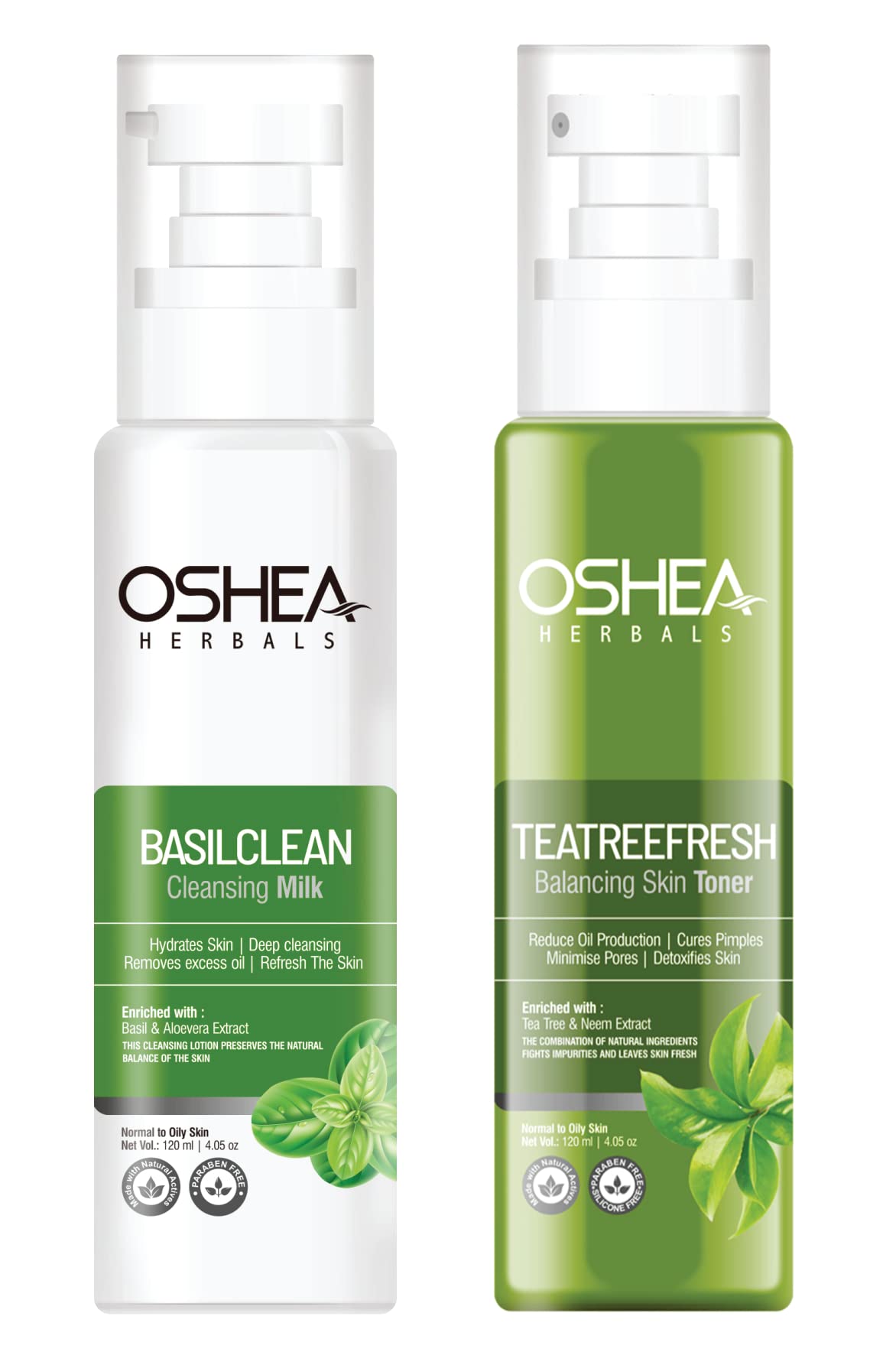 Oshea Herbals Basilclean Cleansing Milk & Tea Tree Balancing Toner Set for Men & Women - 120ml Each - Deep Cleansing & Oil Control for Acne-Prone Skin - Perfect for Daily Skincare Routine