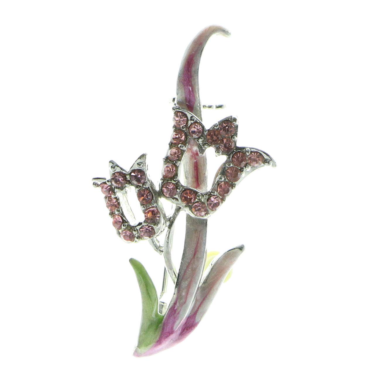 Mi Amore Metal Tulips Brooch Pin with Crystal Accents - Silver Tone & Pink Floral Jewelry for Women, Perfect for Weddings, Parties & Special Occasions