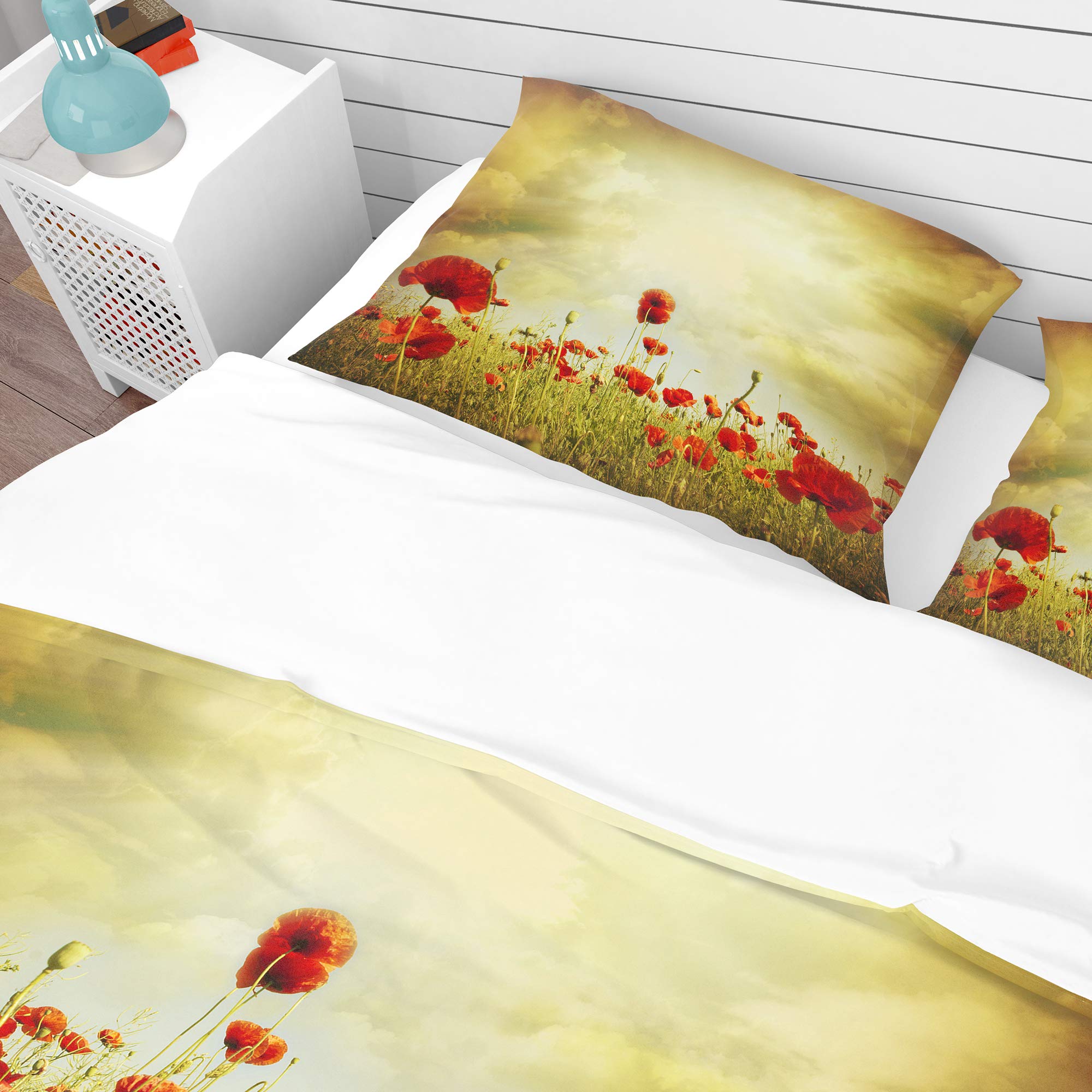 DesignQ Red Poppies on Grunge Background Nautical & Coastal Duvet Cover Set - King Size Floral Bedding 3-Piece Set for All Seasons | Perfect for Beach House, Coastal Decor & Master Bedroom